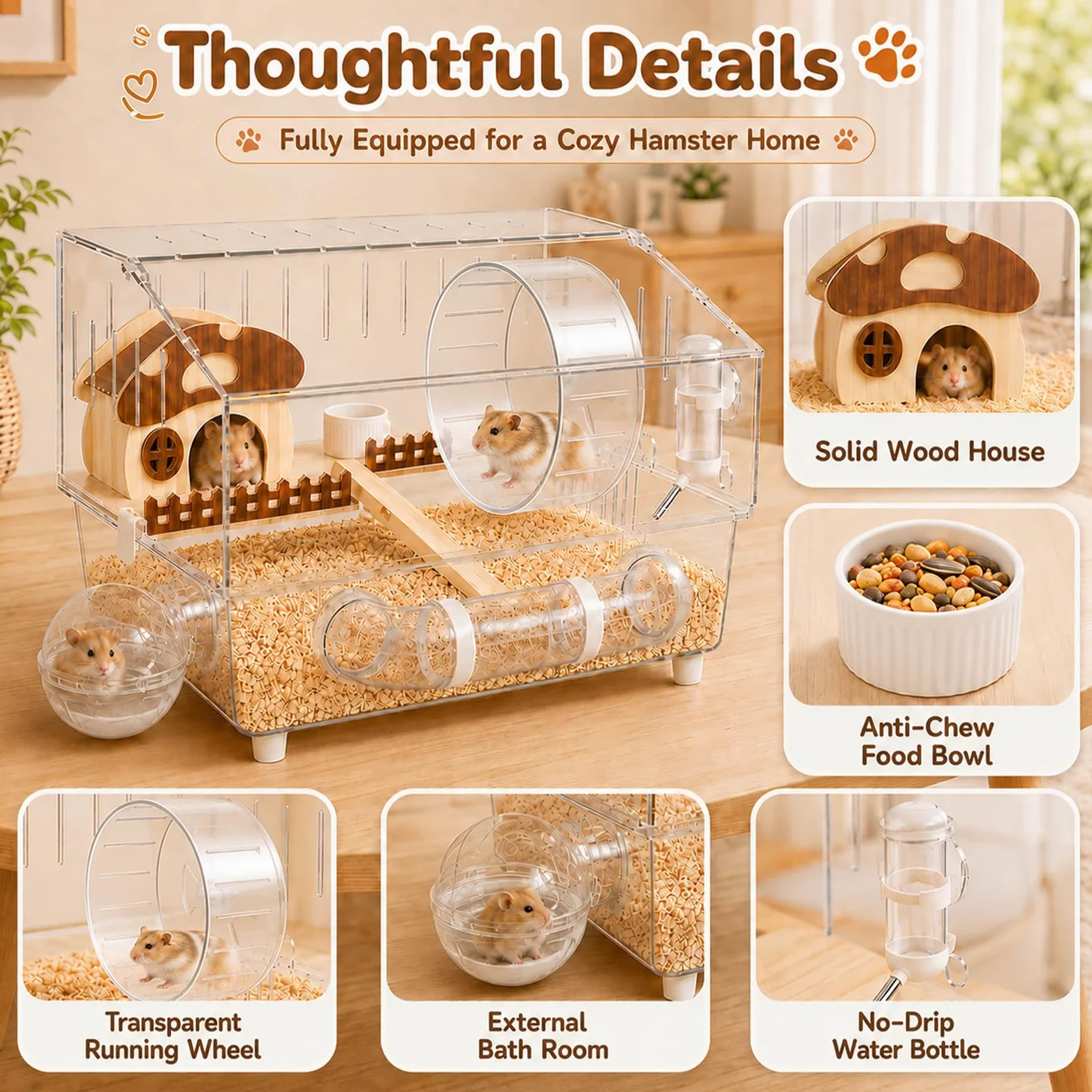 Grande cage à hamster en acrylique avec accessoires, habitat pour hamster à 2 couches avec roue d'exercice, tunnel et plate-forme, cage à souris transparente pour hamsters nains, gerbilles et petits