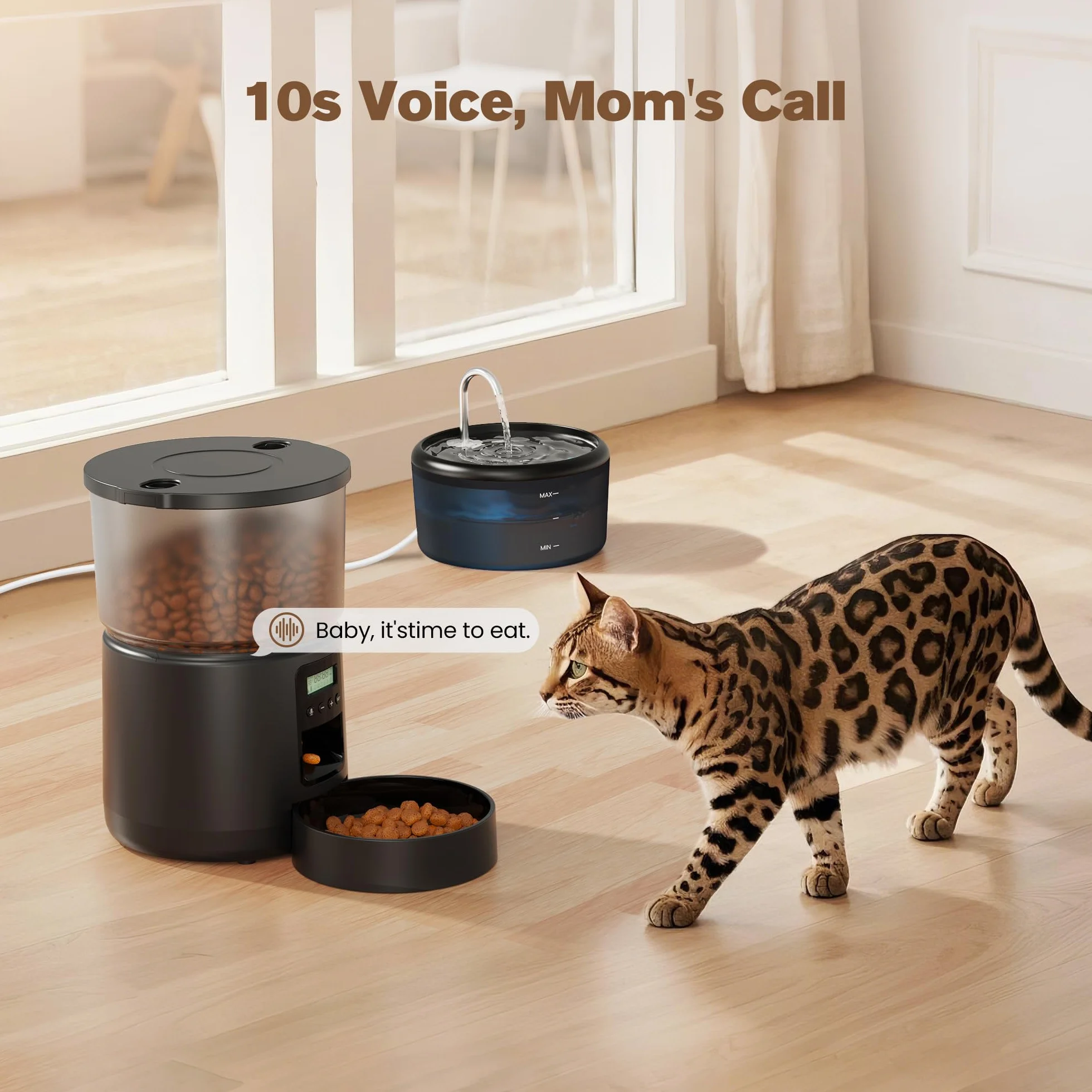 Distributeur Croquettes Chat Automatique Fontaine 2,4L 3L Mangeoire Minuterie Programmable 6 Repas 10S Voix Noir