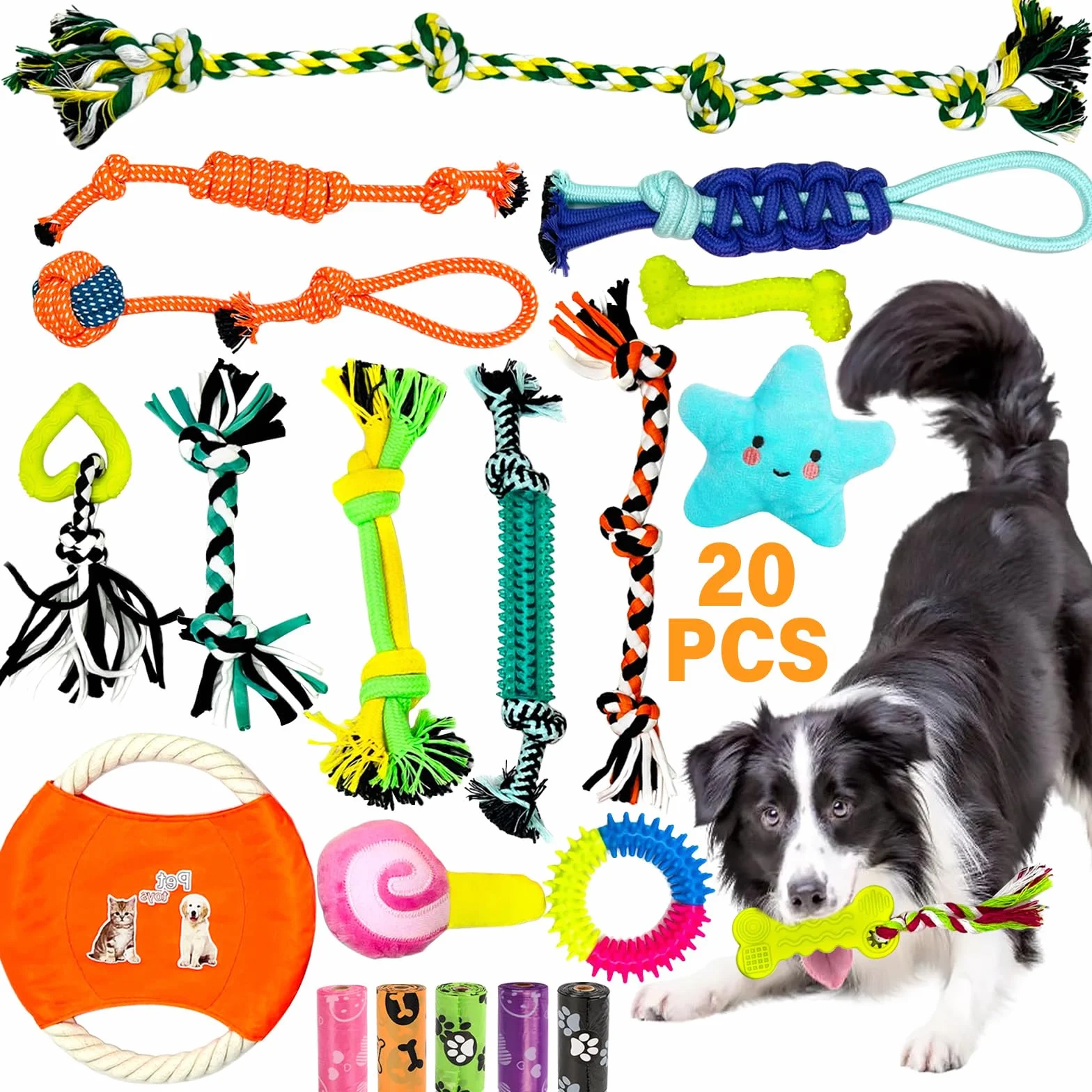 Jouet pour Chiens 20 Balles Corde à Mâcher Durables Indestructible Dentition Nettoyage Dents Petit Moyen