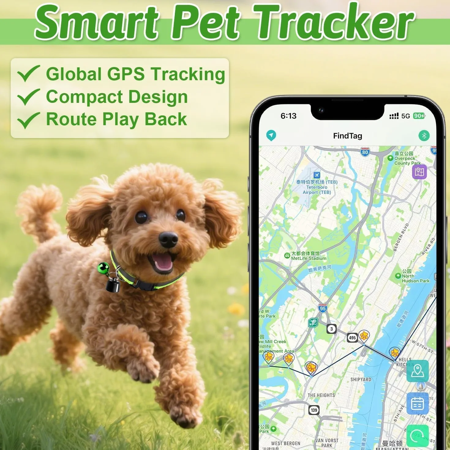Collier GPS pour Chat Sans Abonnement, Localisateur GPS avec Suivi en Temps Réel, Compatible iOS/Android, Imperméable, Batterie Longue Durée (Vert)