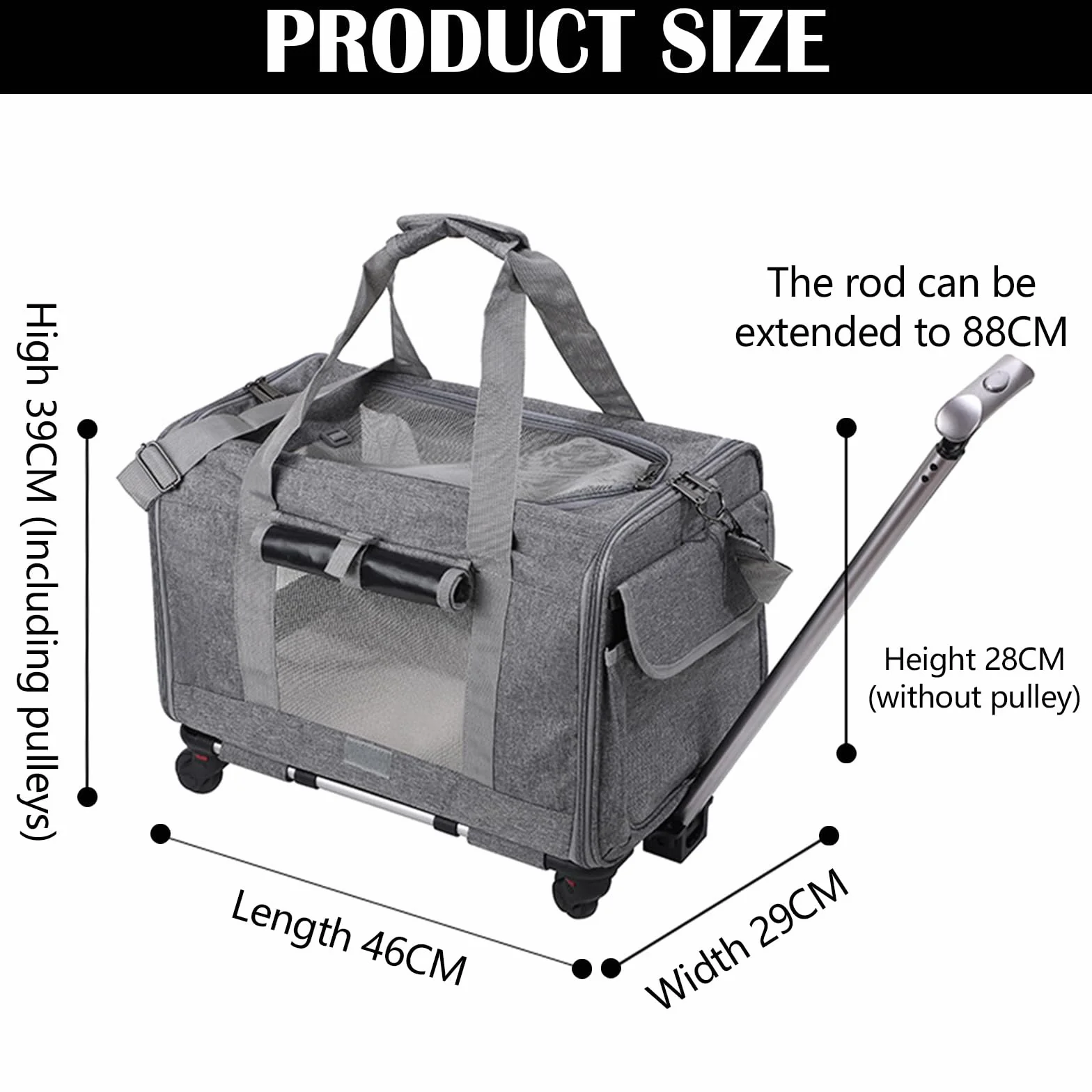 Sac de transport pour chats et chiens 48 x 40 x 32 cm poignée télescopique pliable jusqu'à 13,5 kg avec roues