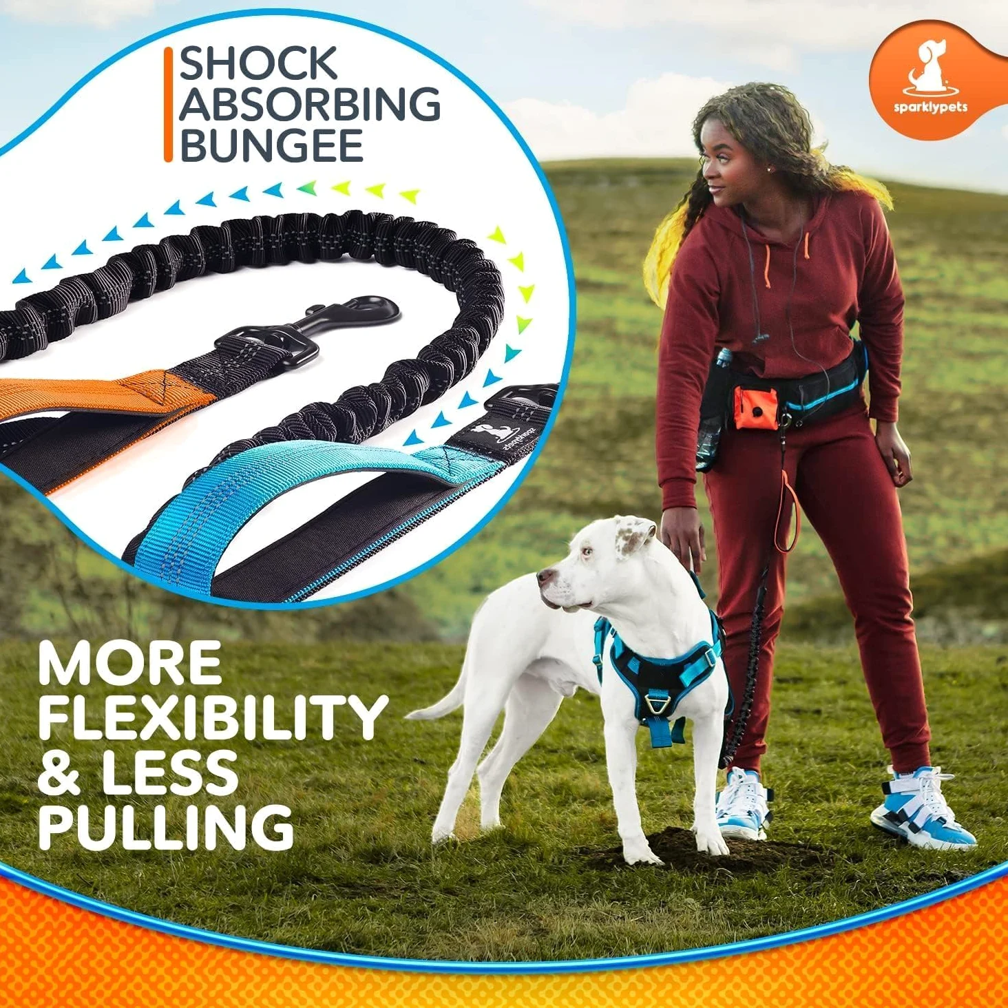 SparklyPets Double Bungee Waist 2 Laisse pour chien avec attelle dorsale – Double laisse pour chiens de taille moyenne/grande – Sac banane de course avec poches pour téléphone, déchets, friandises et