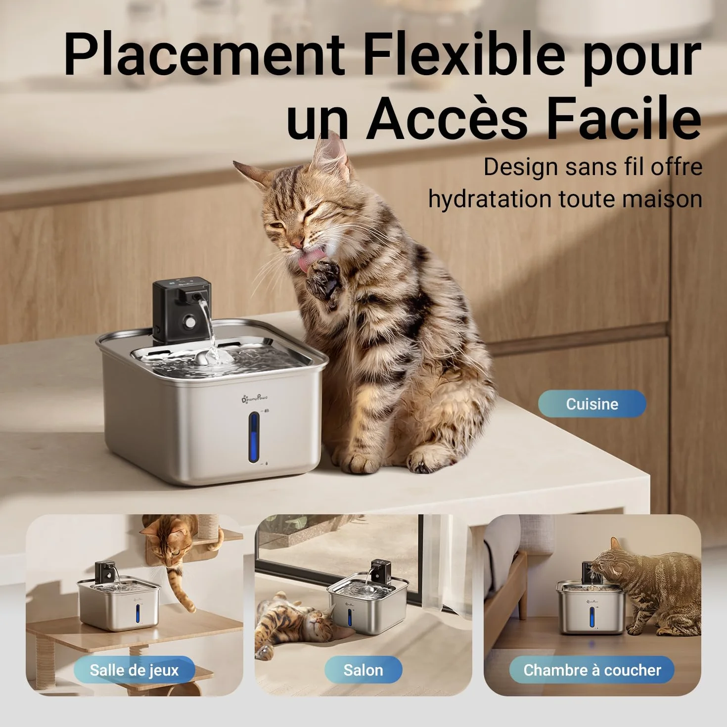Fontaine à Eau pour Chat sans Fil 4000mAh INOX Détecteur de Mouvement
