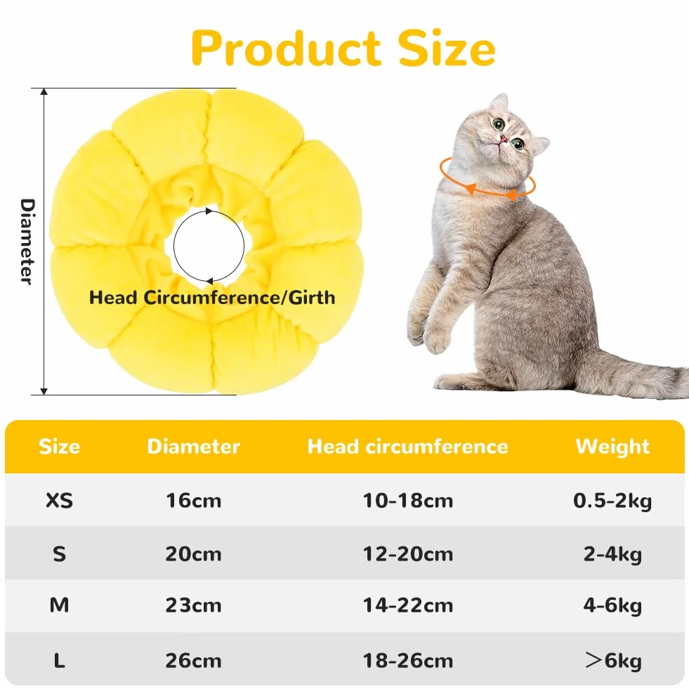 Collier Anti Léchage pour Chat, Collier de Protection Tournesol, Coton Doux Ajustable 10-18cm