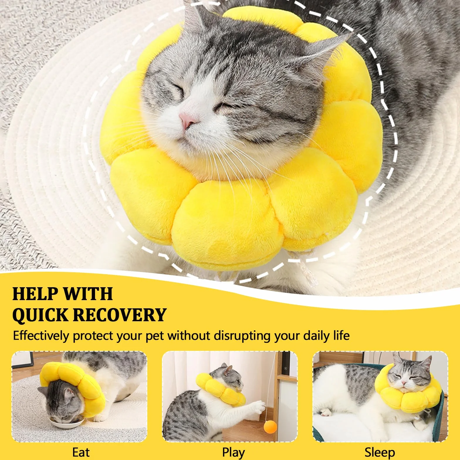 Collerette Chat Anti Léchage Ajustable Tournesol Doux Confortable Jaune L