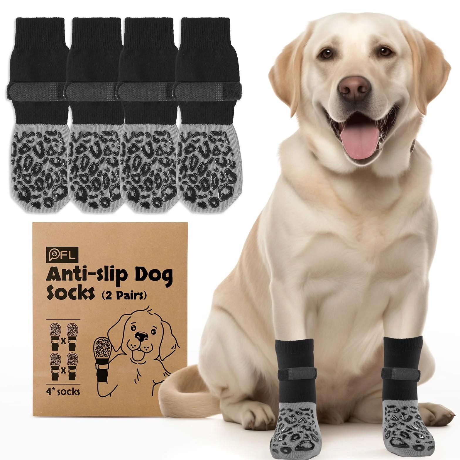 PICK FOR LIFE Chaussettes pour chien antidérapantes 2 paires double face sangles réglables L