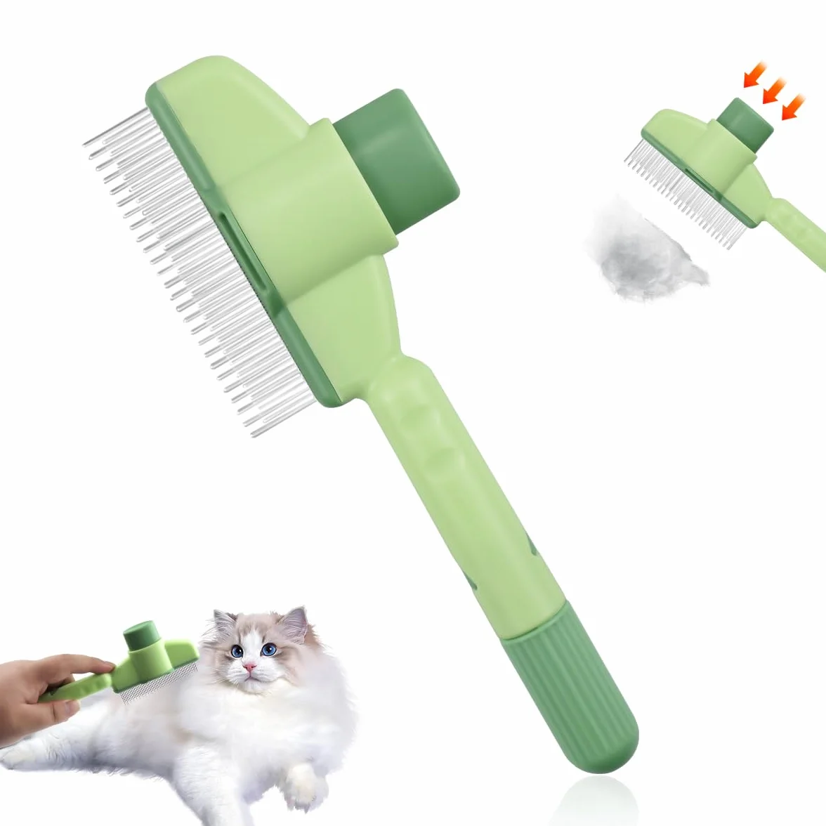 Peigne anti-puces autonettoyant pour chats, brosse de toilettage avec bouton, nettoyage rapide poils errants (vert)