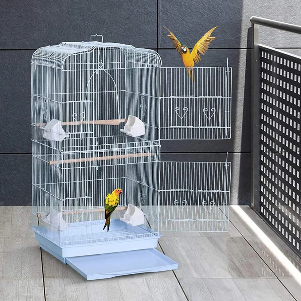 Cage à Oiseaux Décorative avec Toit Ouvrable, Cage à Perruches en Métal avec Balançoire, Plateau Coulissant, Multiples Portes, Perchoirs, Cage pour Les Petits Oiseaux-46 * 36 * 92cm (Blanc)