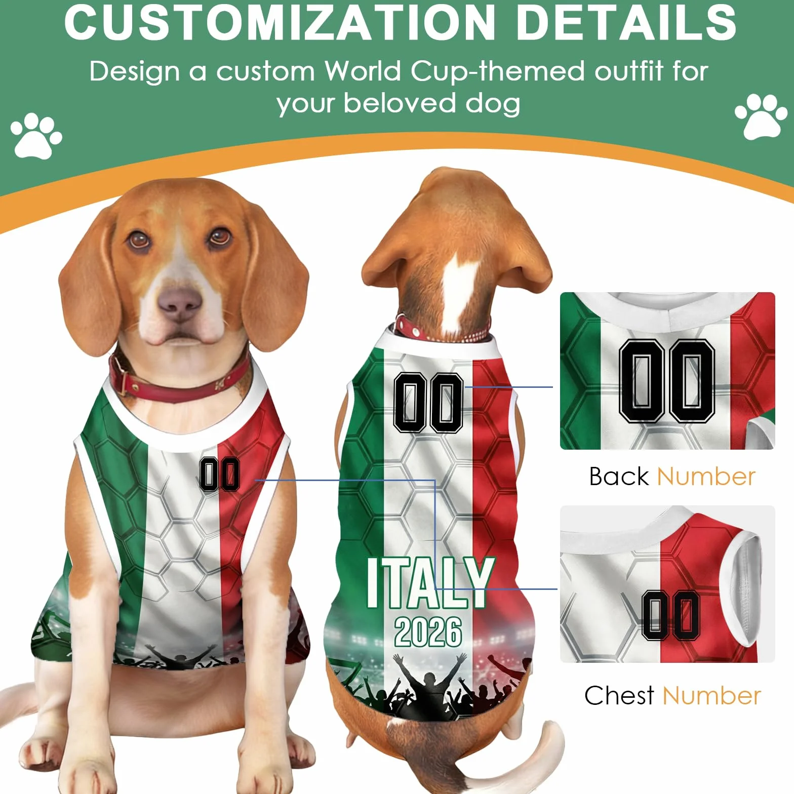Maillot de Foot sans Manches Personnalisé pour Chien, avec Nom et Numéro, Vêtement de Sport pour Petit Moyen Grand Chien, Tenue Supporter Coupe du Monde 2026 (Style A)