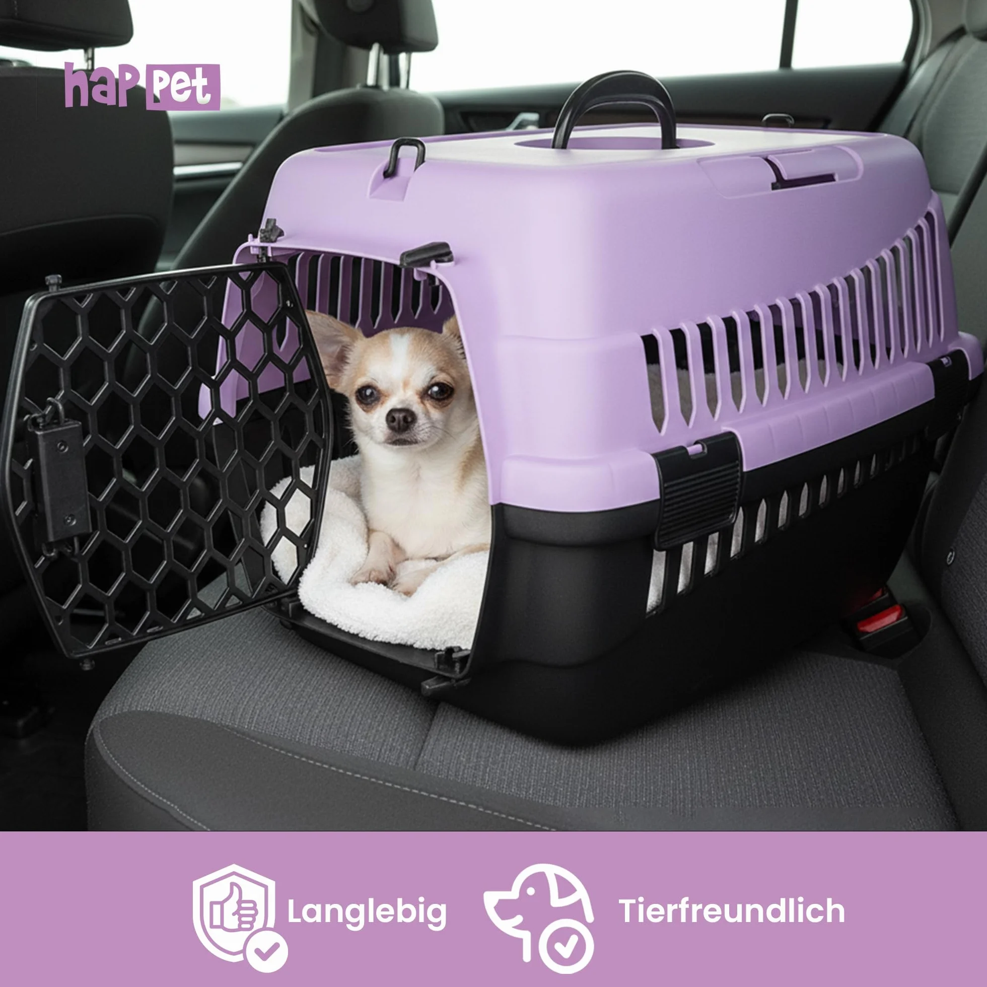 HAPPET ABBA M Sac de transport robuste pour chats et petits chiens, transport portable avec poignée et ventilation, violet
