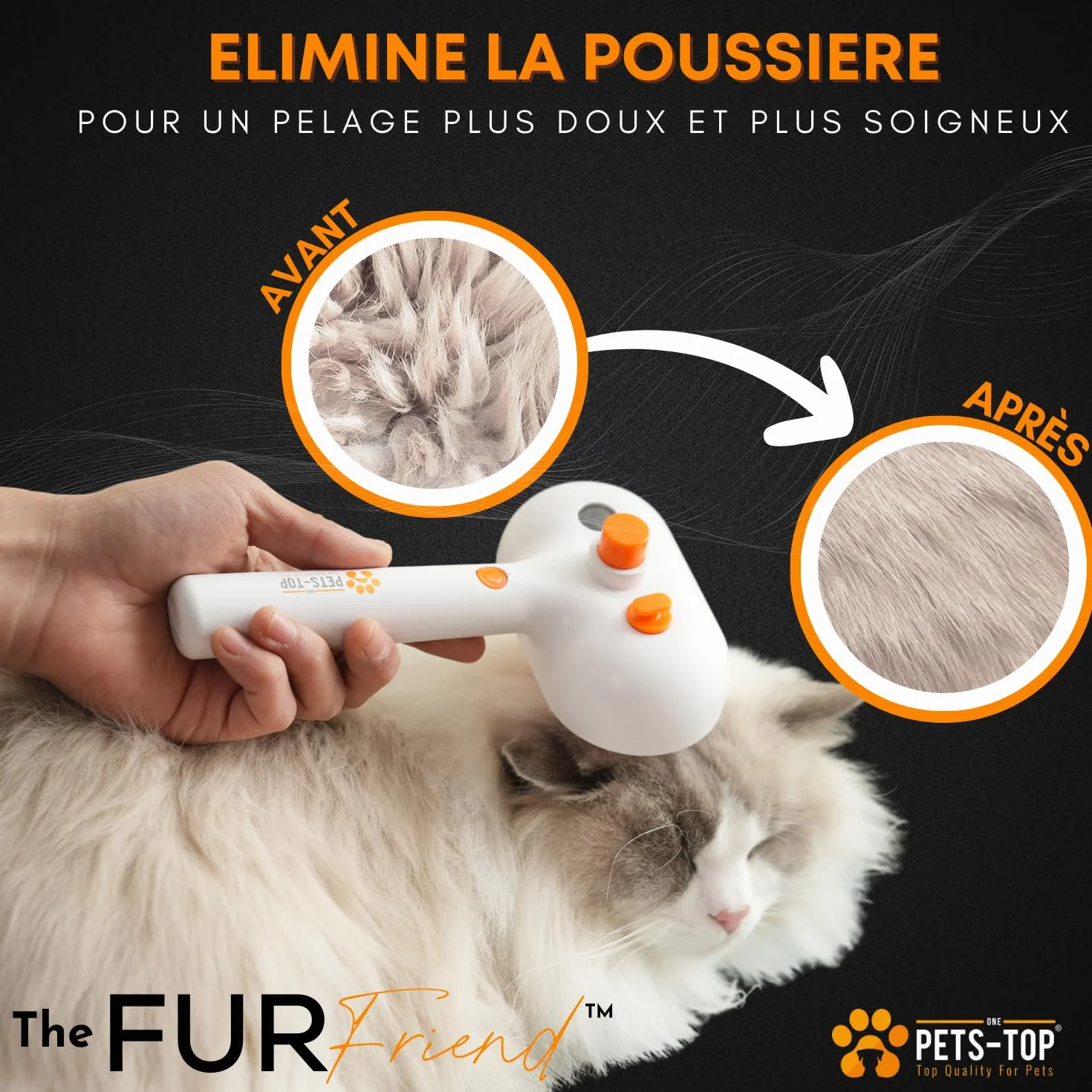 Brosse Chat Vapeur Autonettoyante PETS-TOP - Toilettage Chats et Chiens - Démêlante Poils Longs et Courts