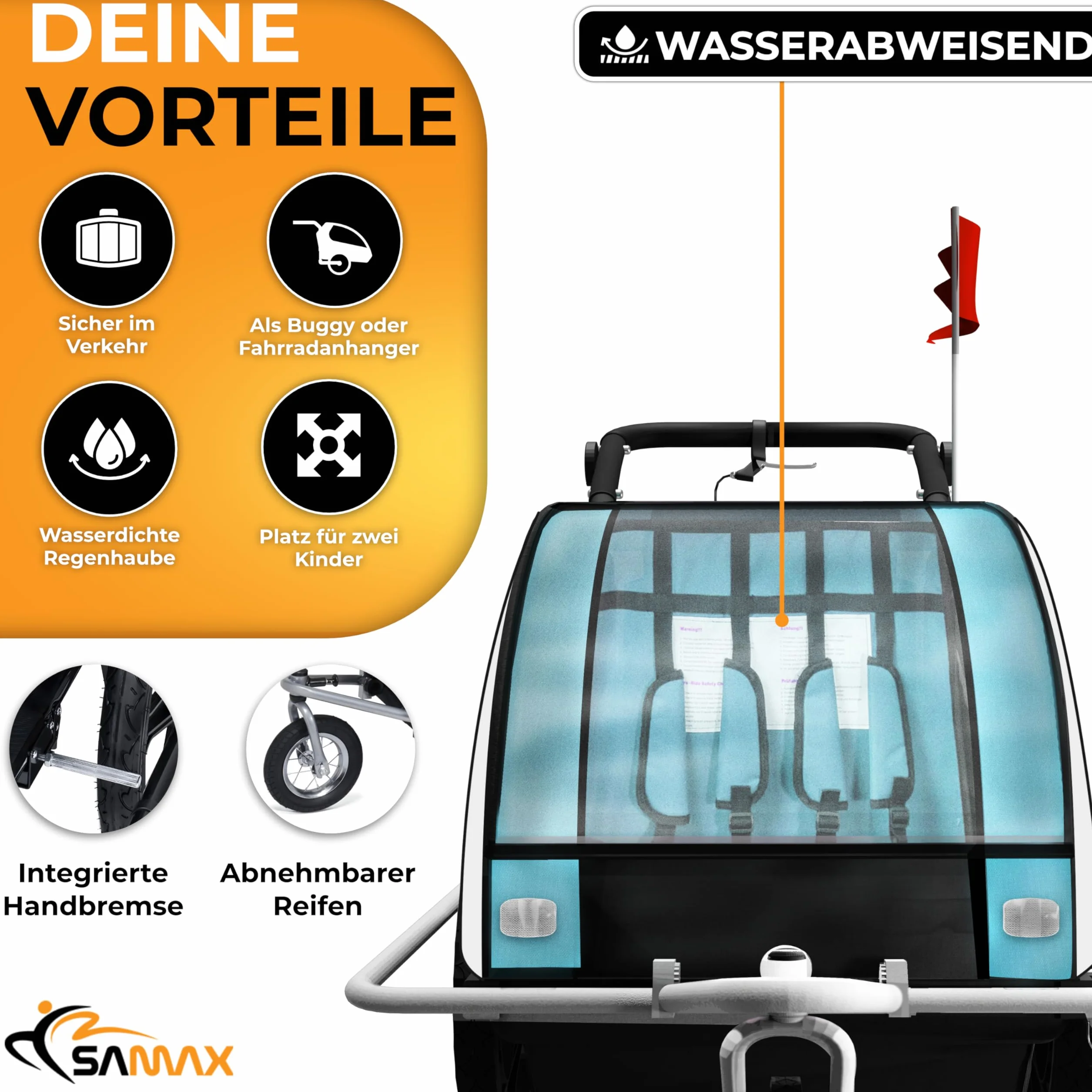 SAMAX Remorque Vélo Convertible Jogger 2en1 360° Rotatif pour 2 Enfants