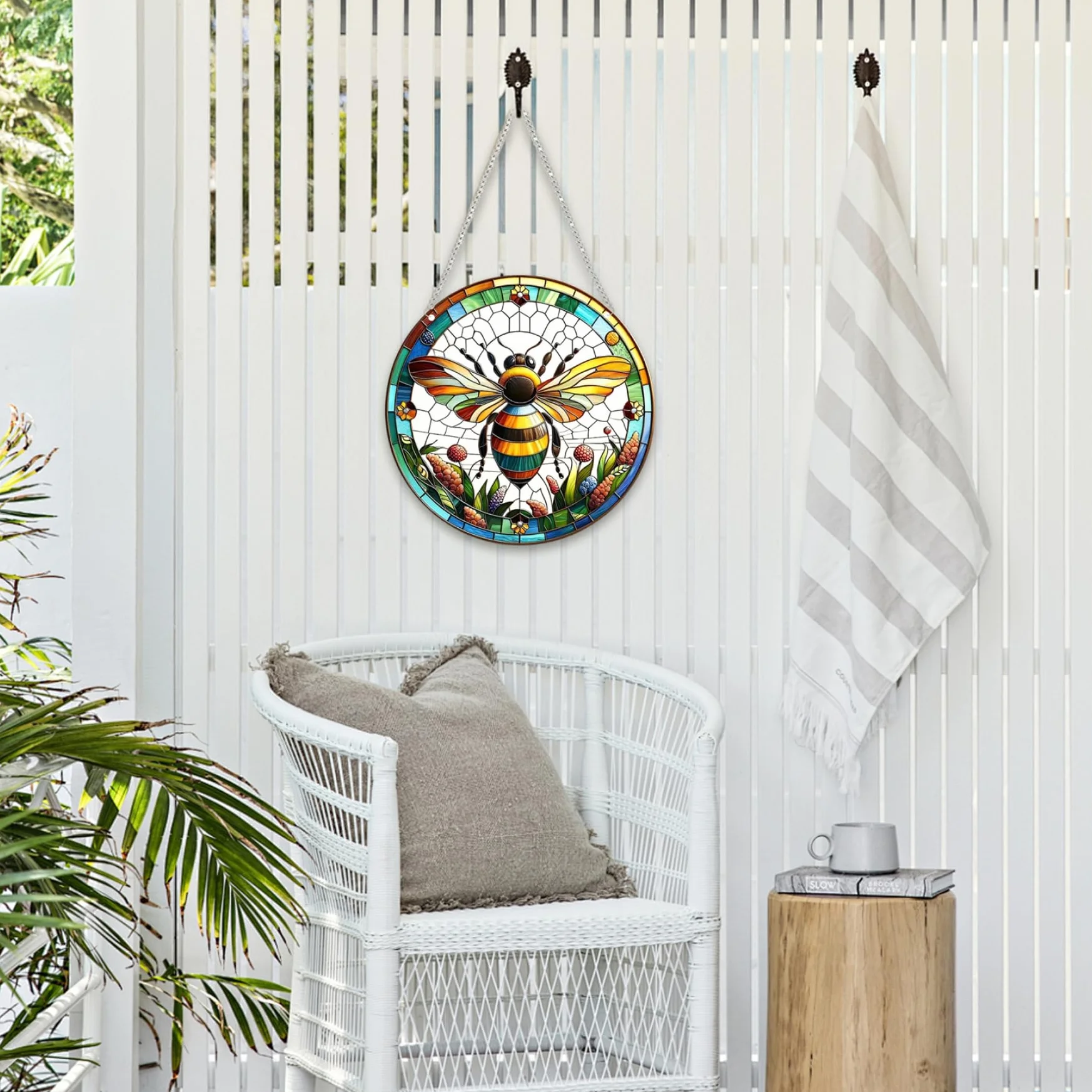 Vitrail Suspendu Abeille Décor Verre 7,87/20 cm pour Maison Jardin