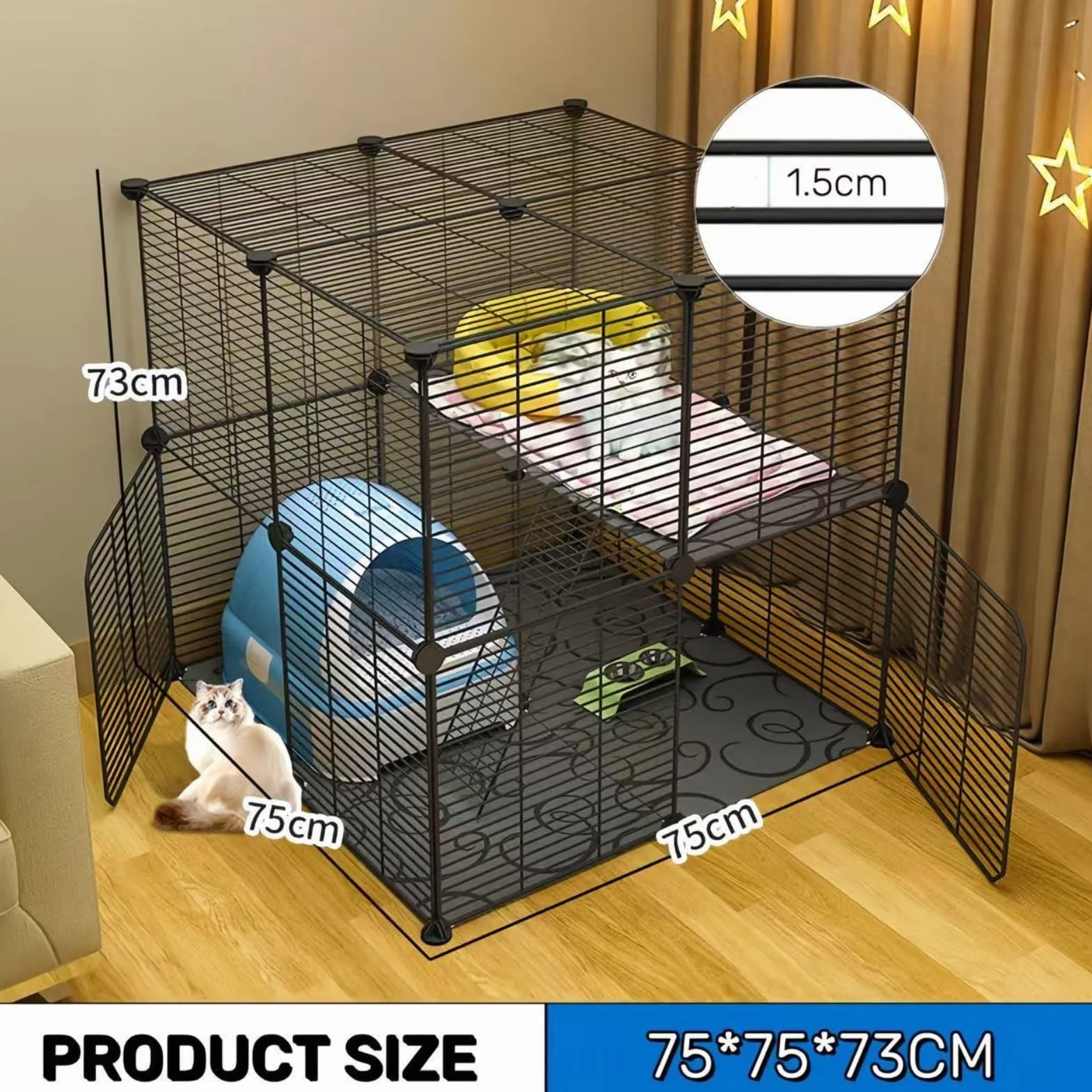 Enclos d'intérieur pour Chat 2 Niveaux avec Fil métallique Dense Taille 70 x 70 x 70 cm Noir