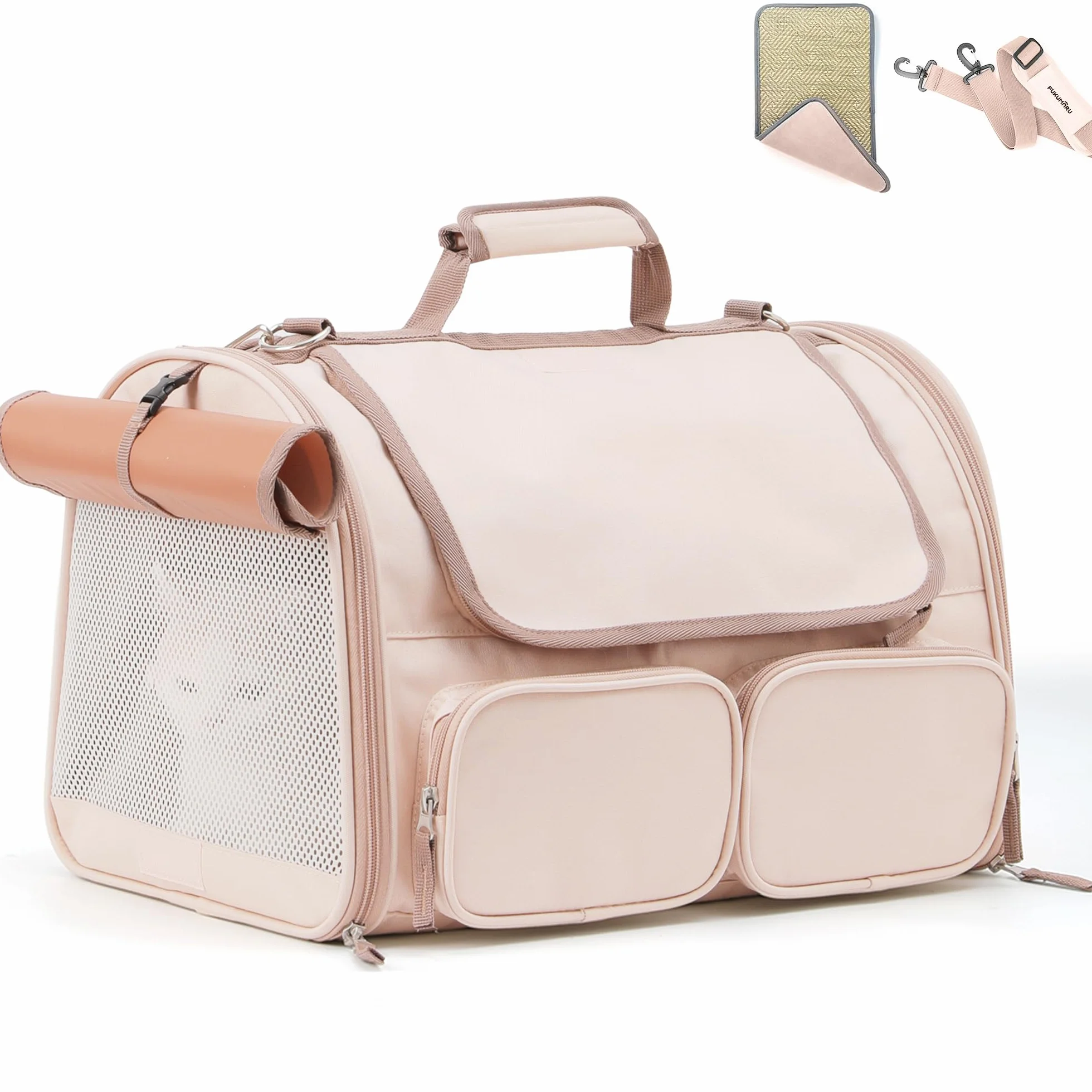 FUKUMARU Sac de Transport pour Chat, 4 Fenêtres en Maille, 4 Poches, Sac de Voyage pour Chat Moins de 20 kg, Approuvé par les Compagnies Aériennes