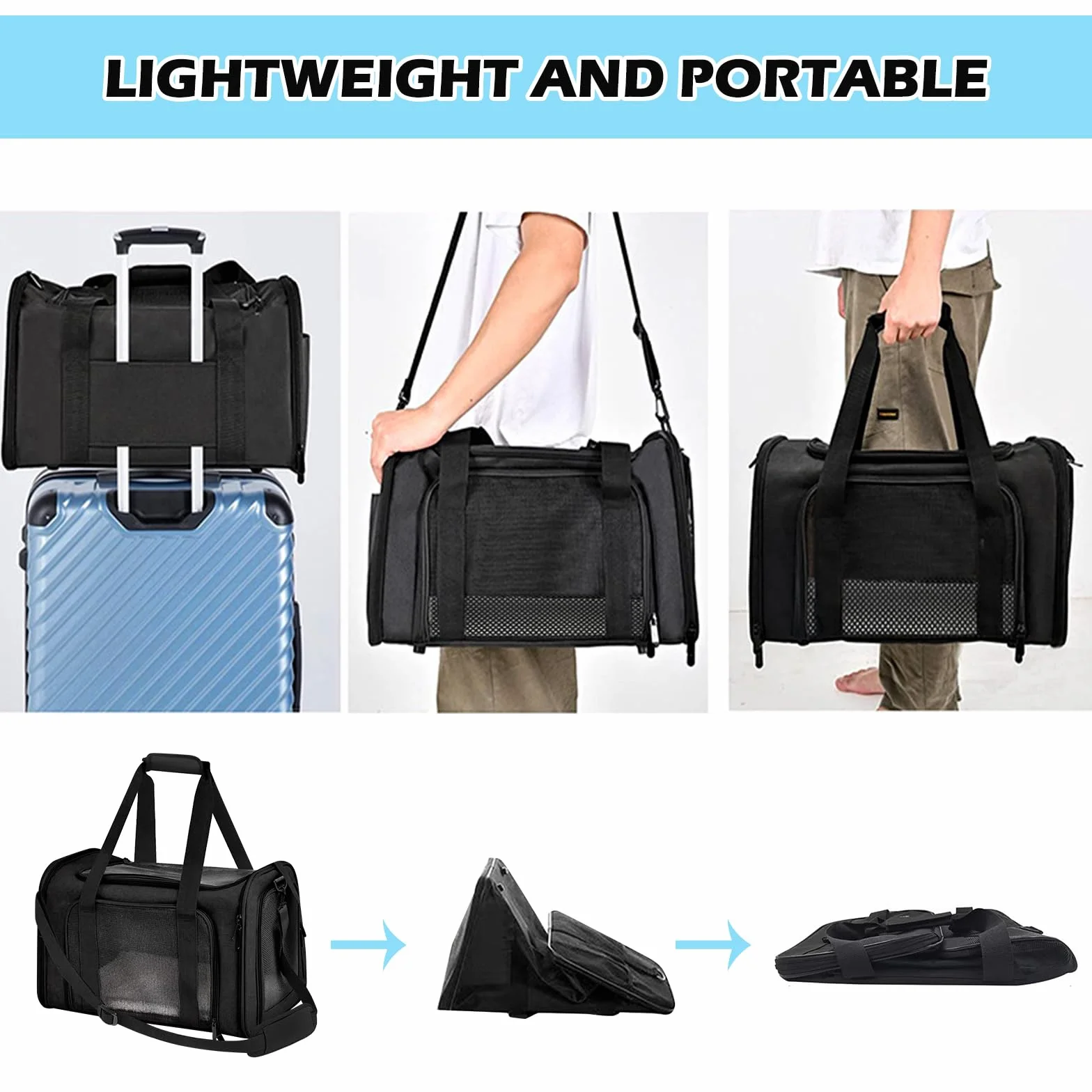 Sac de Transport Pliable pour Chat et Petit Chien, Caisse avec Gamelle, 43 x 28 x 28 cm