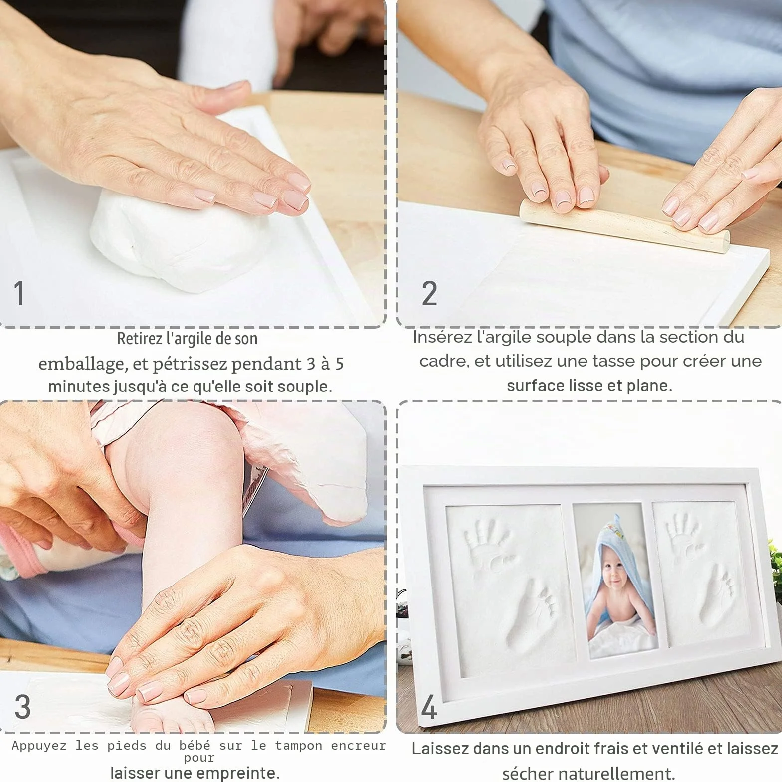 Cadre Photo pour Bébé avec Kit Empreintes Mains et Pieds, Argile et Sceau