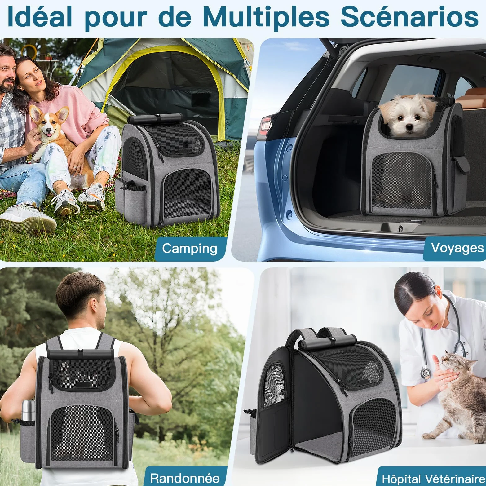 Sac à Dos Chat Chien 10kg Transport avec Fenêtre en Maille, Laisse et Tapis Intégrés Gris
