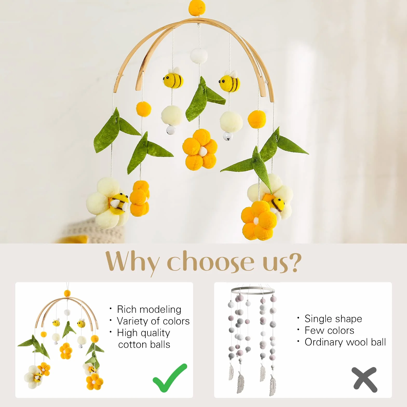 Mobile Bébé en Bois avec Boules de Feutre, Abeilles et Fleurs, Pendentif Cloche de Lit, Décoration Chambre d'enfant, Cadeau Bébé Fille et Garçon