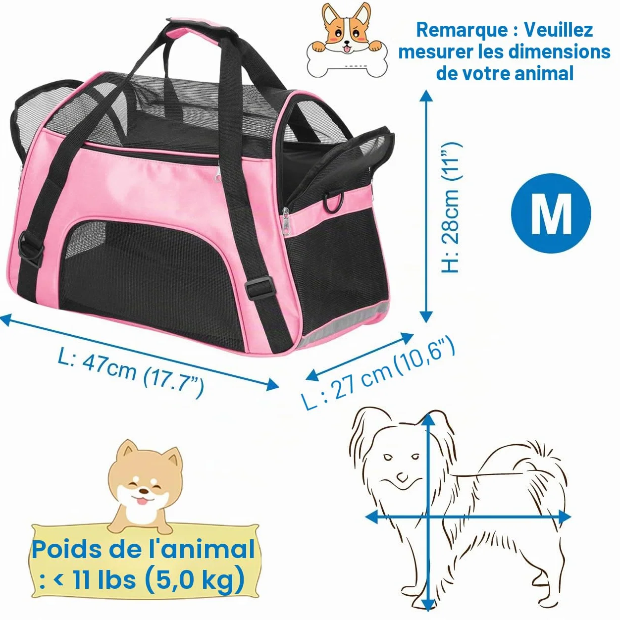 Transporteur Animaux Compagnie Chat Chien Côté Souple Pliable Rose 47x27x28 cm 5 kg