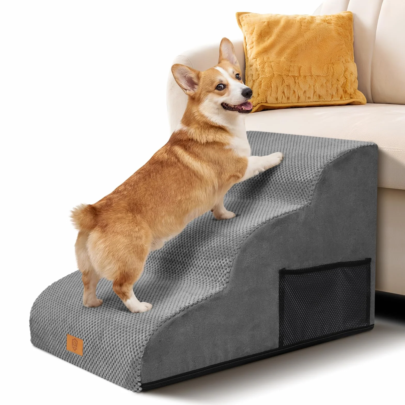 Masthome Escalier pour Chiens et Chats 3 Marches, Éponge Haute Densité, Antidérapant, Housse Amovible Lavable