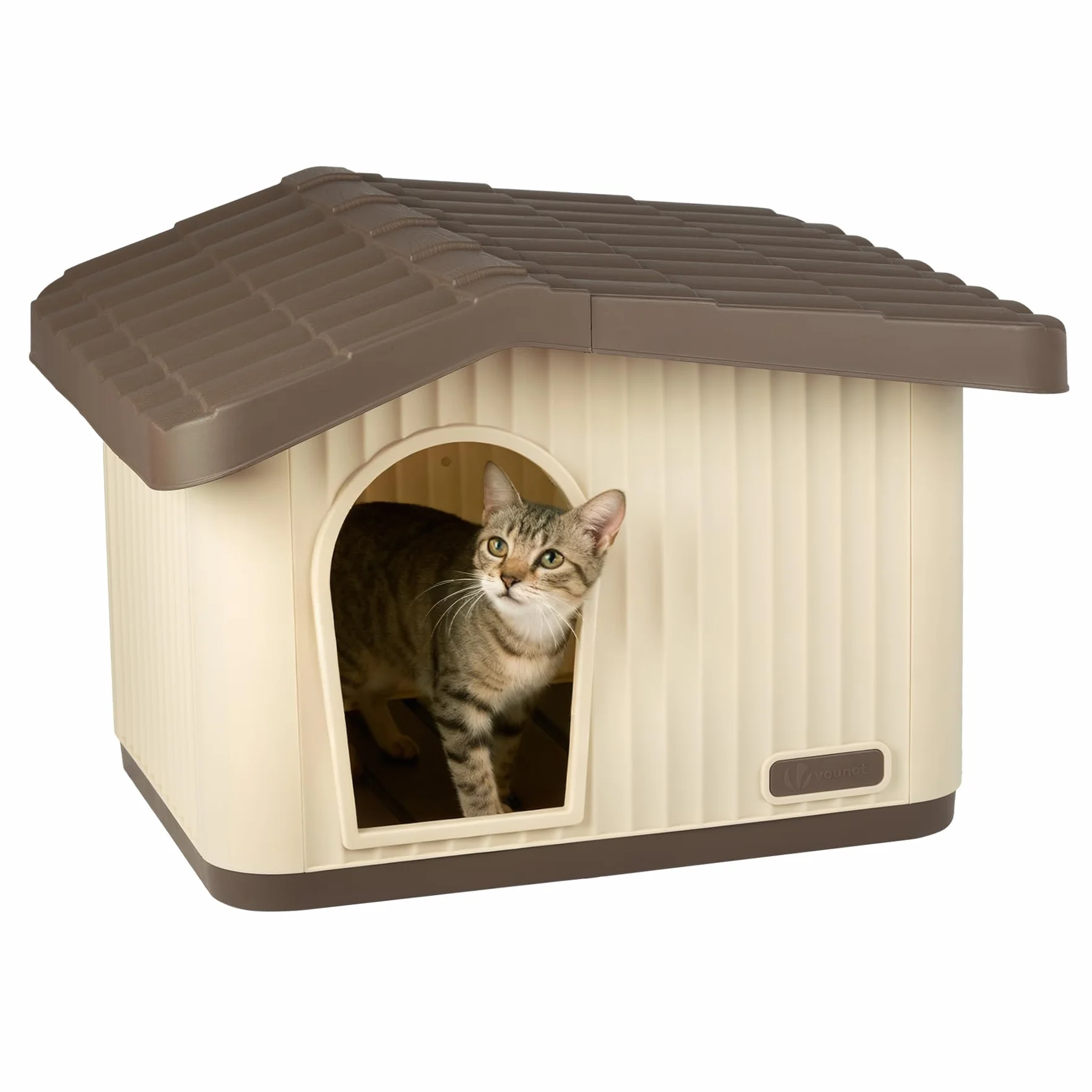 VOUNOT® Maison pour Chat Imperméable 60x51x41cm Niche Extérieur Intérieur avec Toit Incliné Aération Pieds Antidérapants Beige