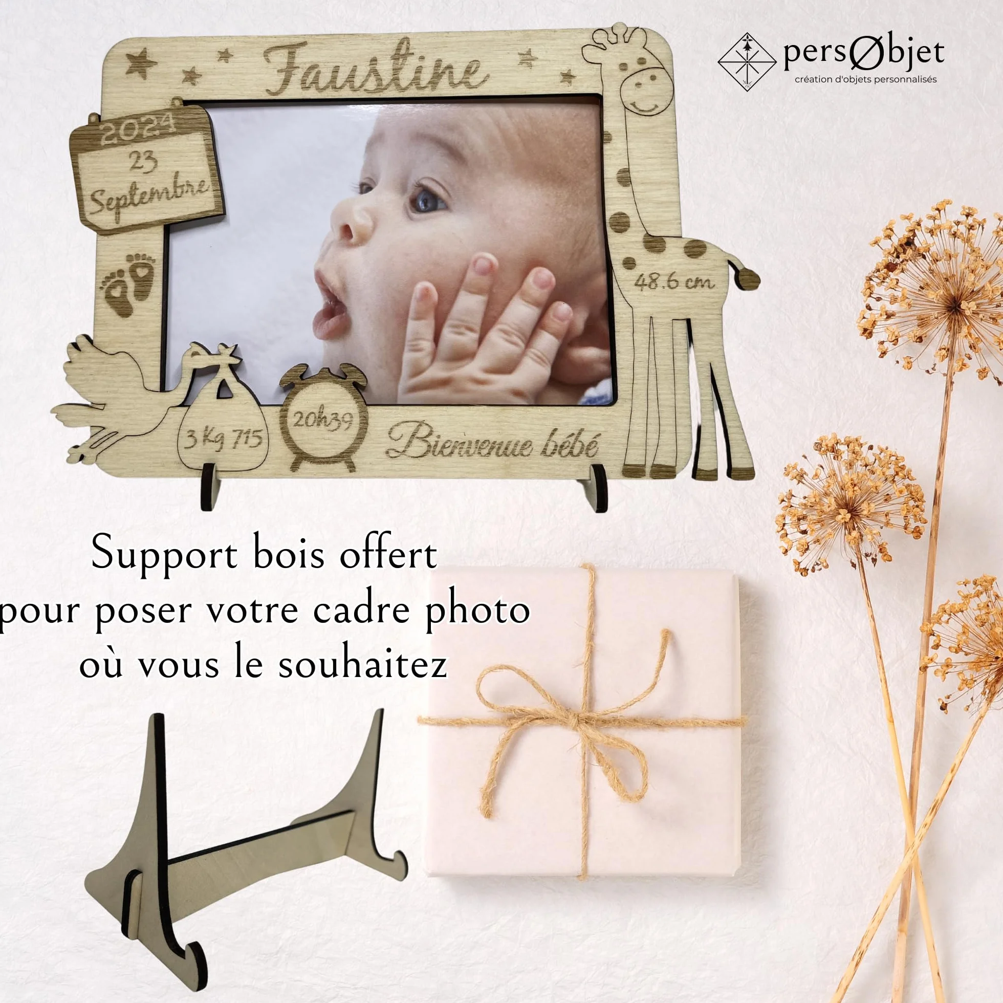 Cadre Photo Naissance Bois Personnalisable Girafe - Souvenir Bébé - Idée Cadeau Naissance Personnalisé - Décoration Chambre Bébé