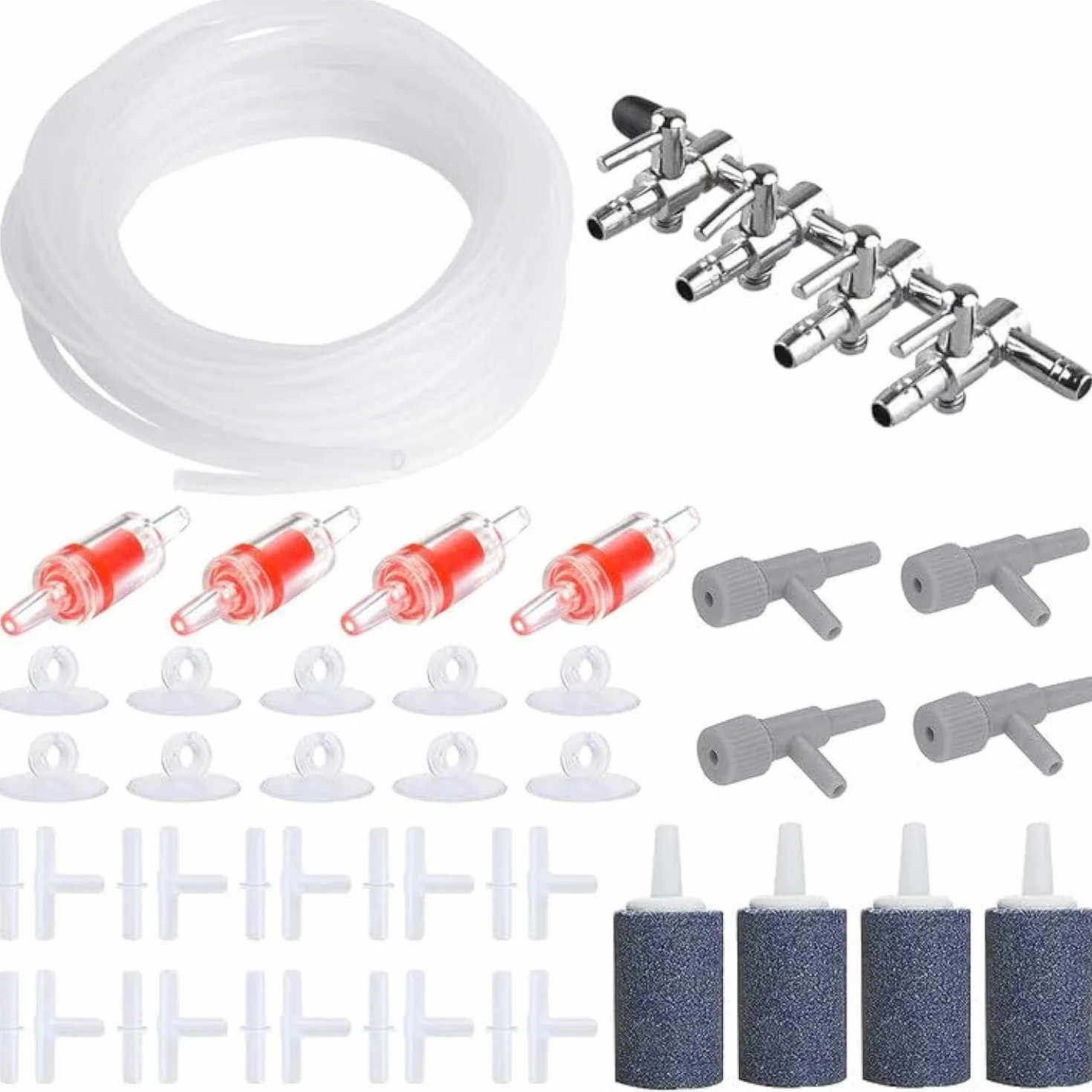 Contrôle du flux d'air pour aquarium, pierres à air, tuyaux 8 m, valves anti-retour, distributeur 4 voies