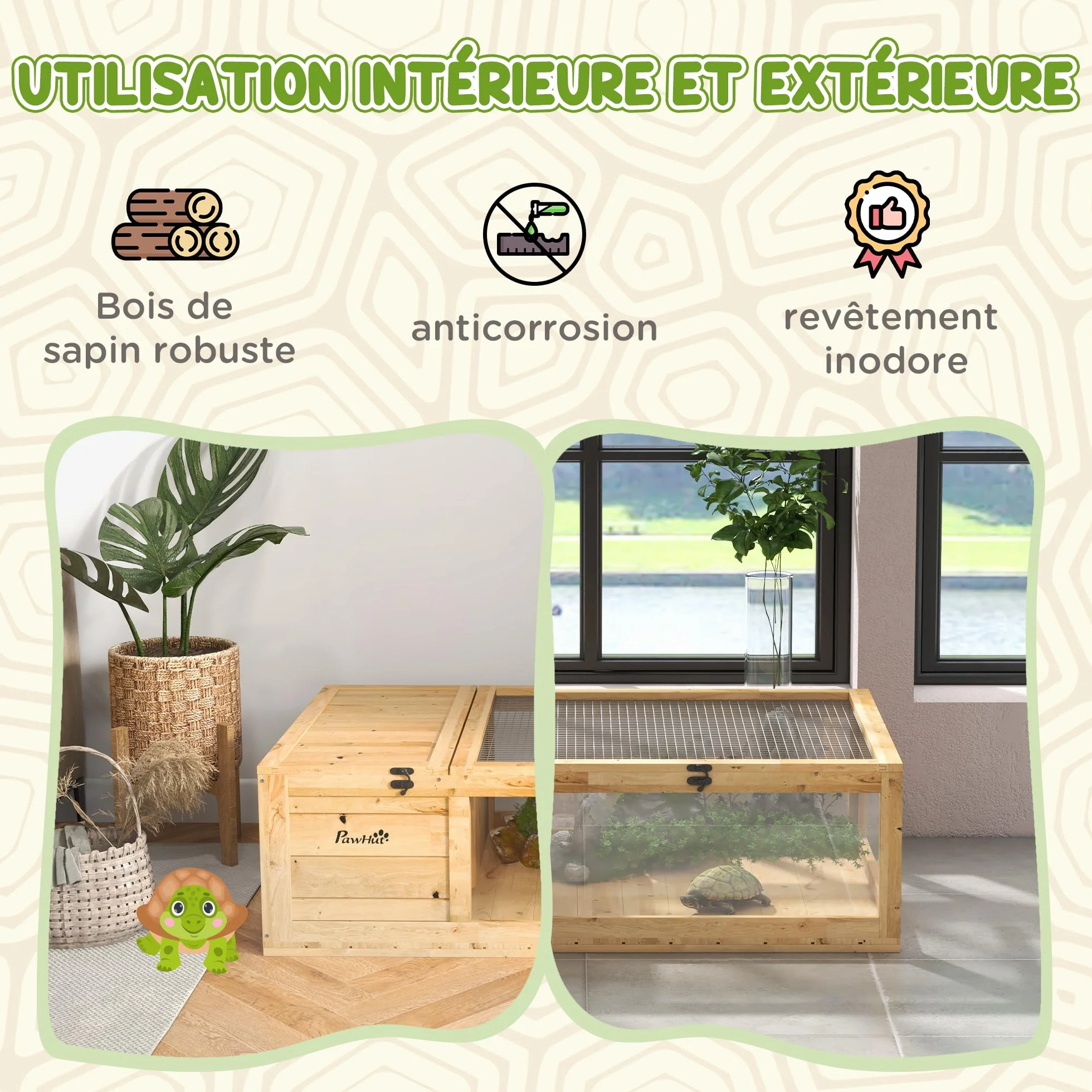 PawHut Maison pour Tortues de Terre avec Espace modulable 91x60,5x32cm Jaune Clair
