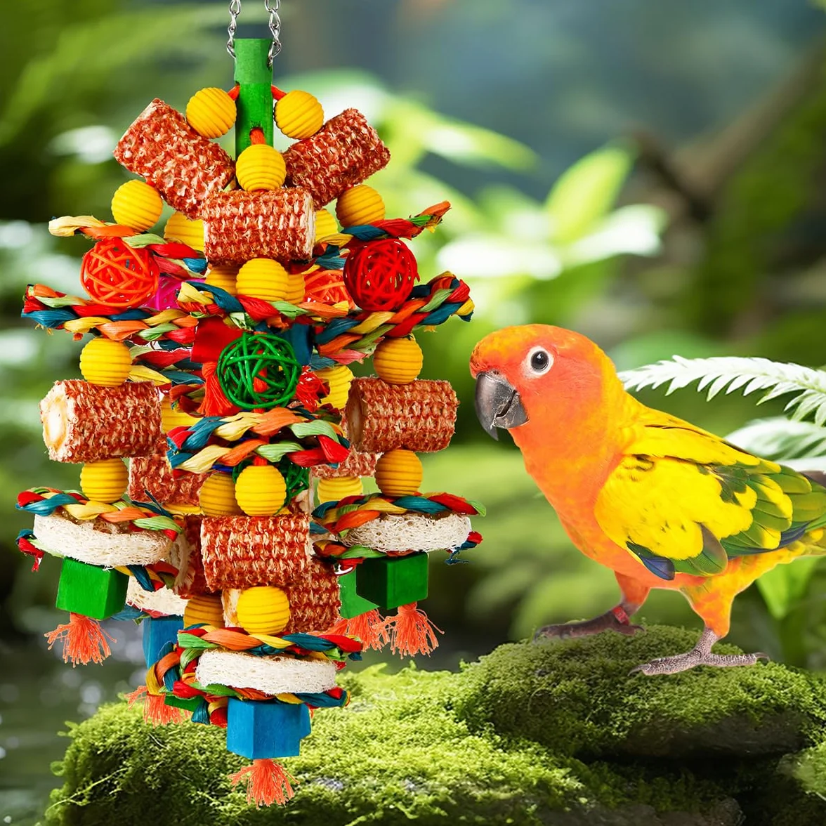 Jouets pour oiseaux, épi de maïs naturel et luffa, jouets à mâcher pour perroquets gris africains, aras, cacatoès