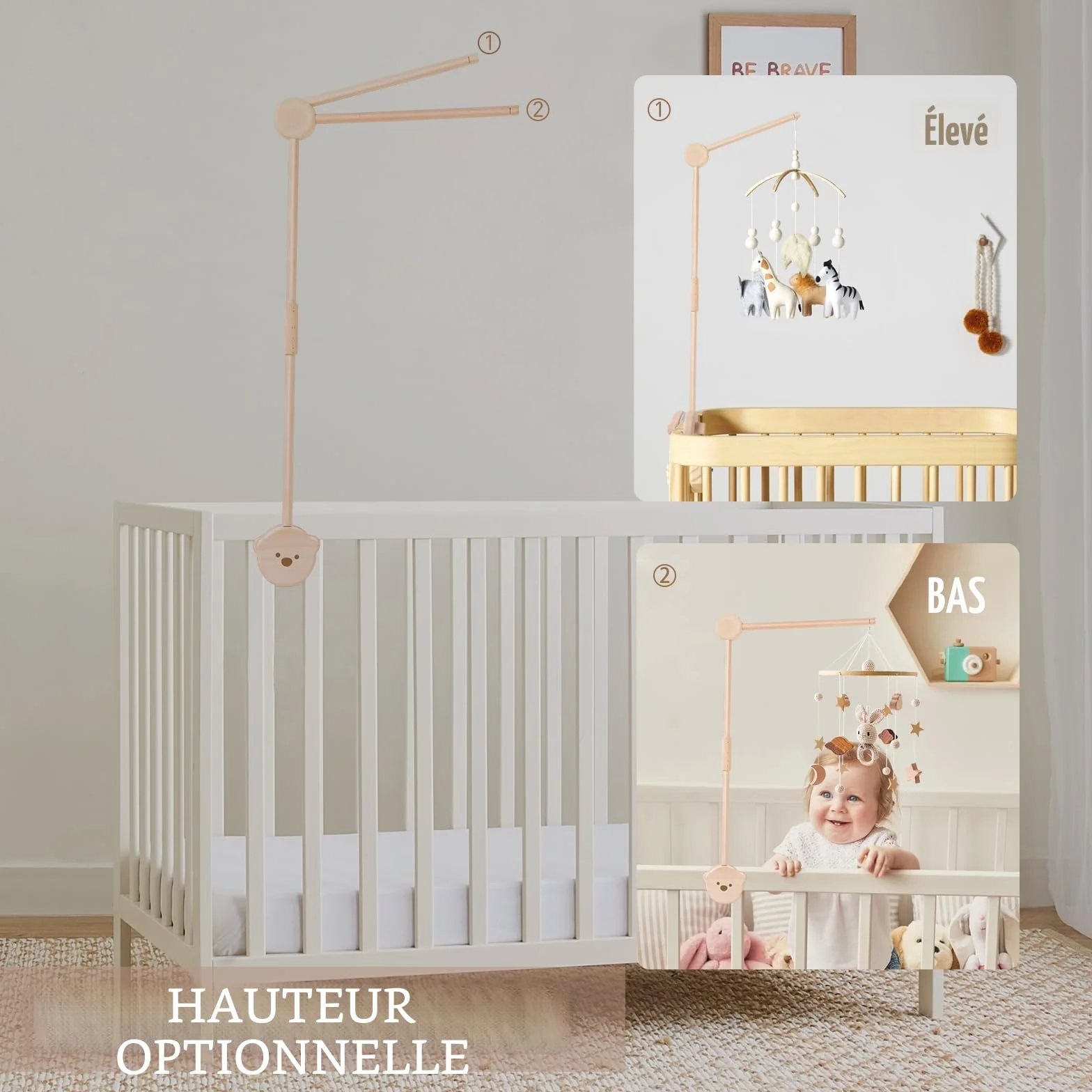 Support Mobile Bébé Bois, Bras Mobile Rotatif, Base Ours, Lit Enfant Table à Langer