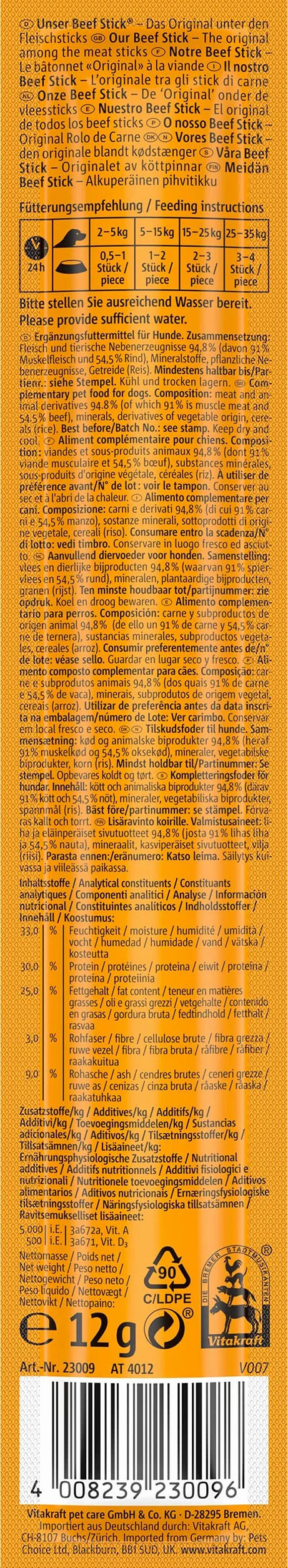 VITAKRAFT Beef Stick Bœuf Friandises pour Chiens Bâtonnet de Viande sans Sucre 12G