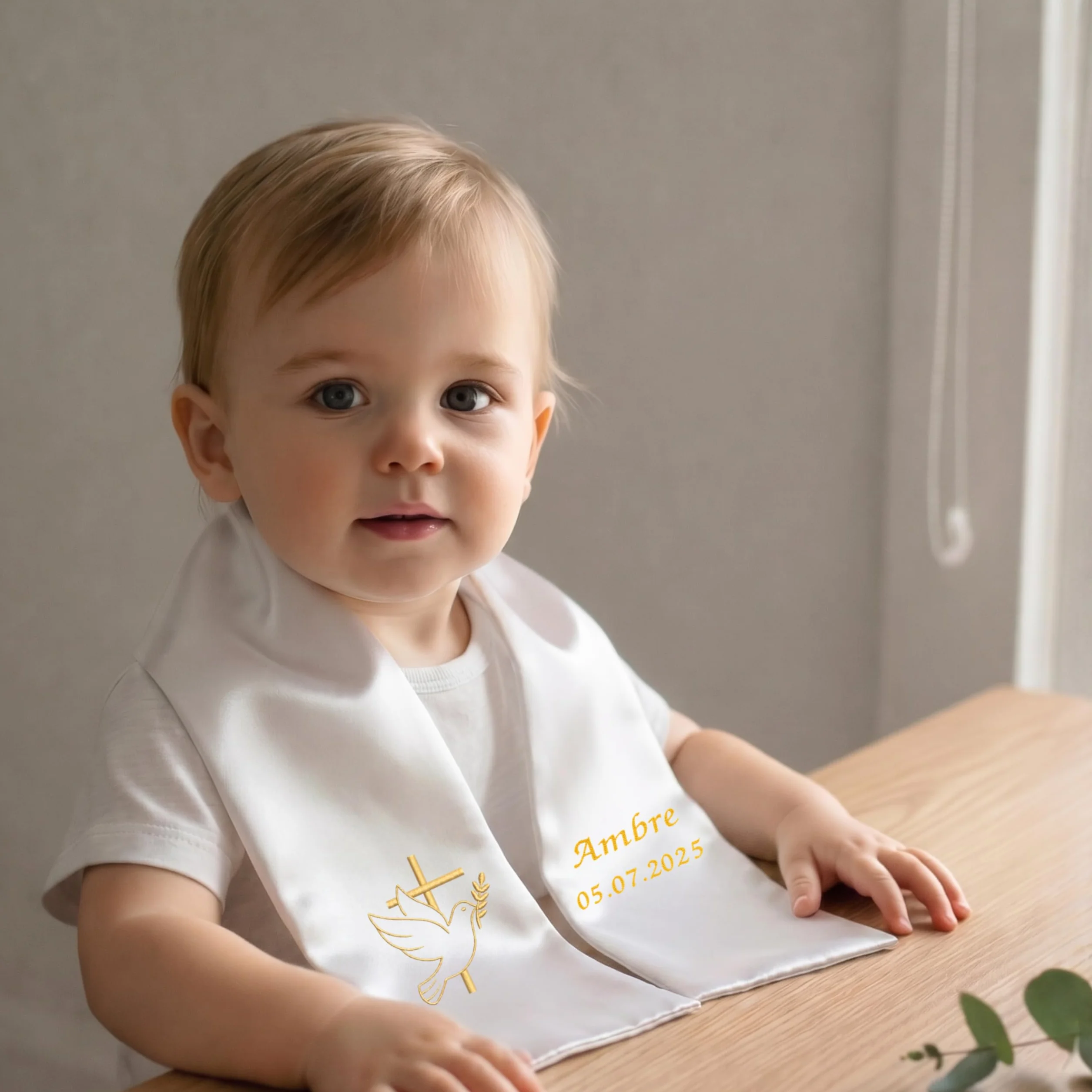 Étole de Baptême Personnalisée Prénom Date Broderie Satin Blanc 85x15 cm Cadeau Filleul Filleule
