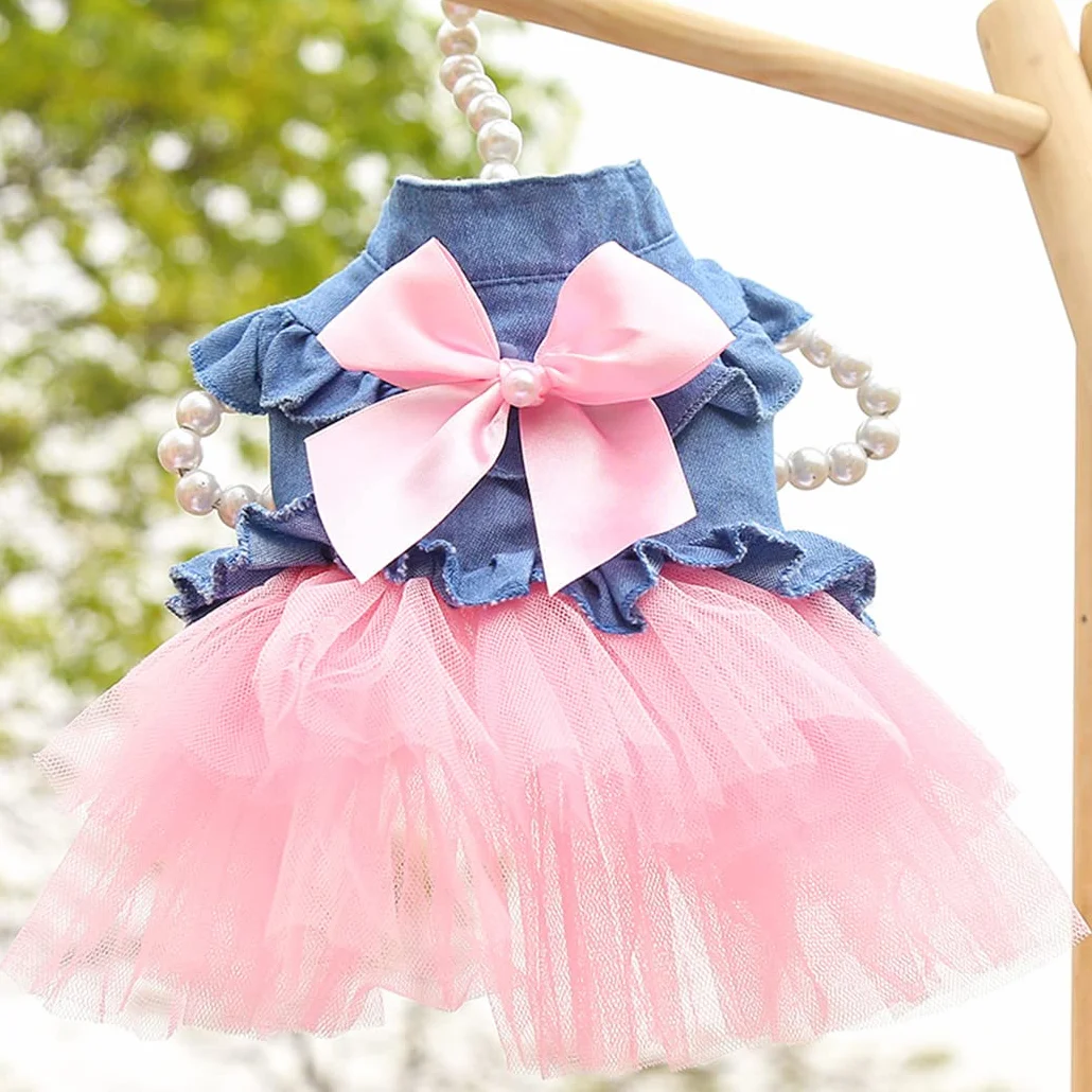 XIAOYU Chien Robe d'été Bowknot Princesse Jupe Denin Gilet Chemises Douce Vêtements pour Animaux de Compagnie Rose XL