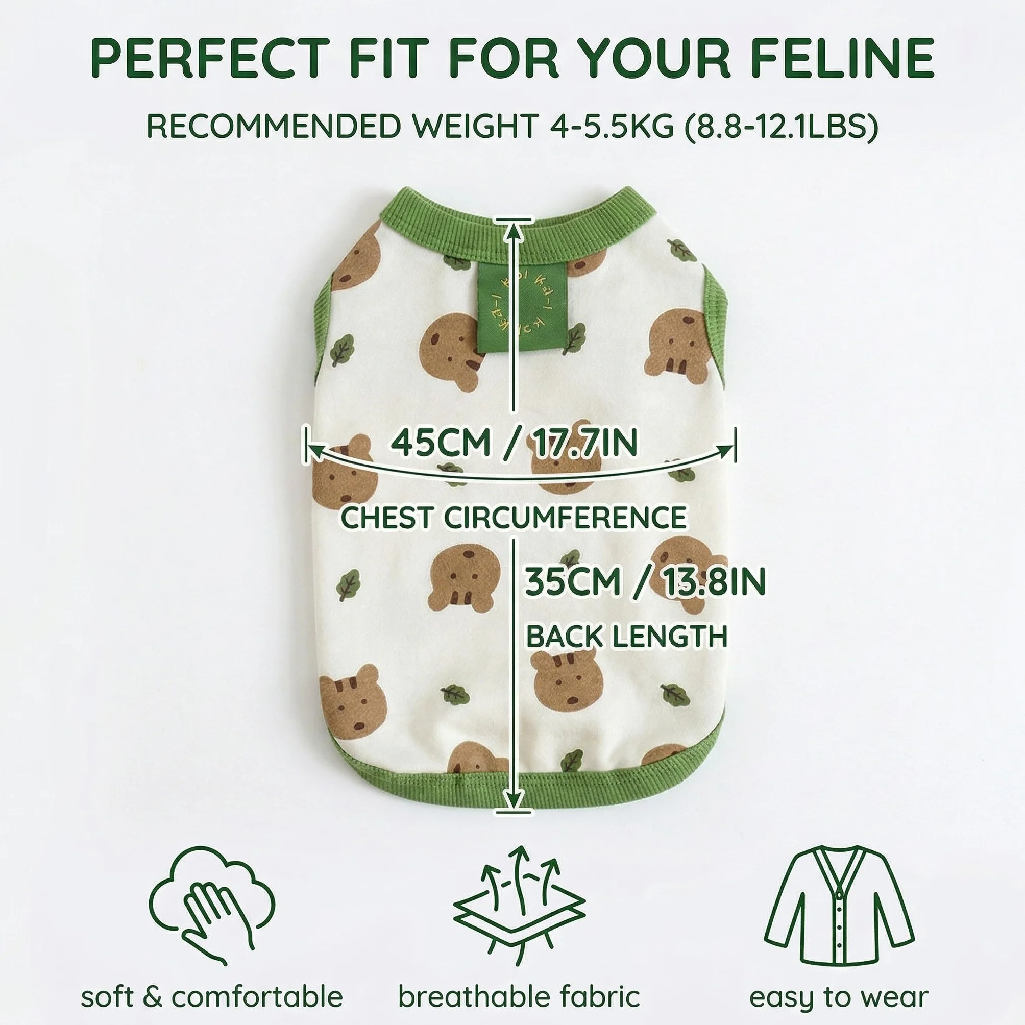 Body pour Chat et Chaton Taille L, Vêtement Doux et Respirant avec Motif Ours et Souris, Vert et Jaune