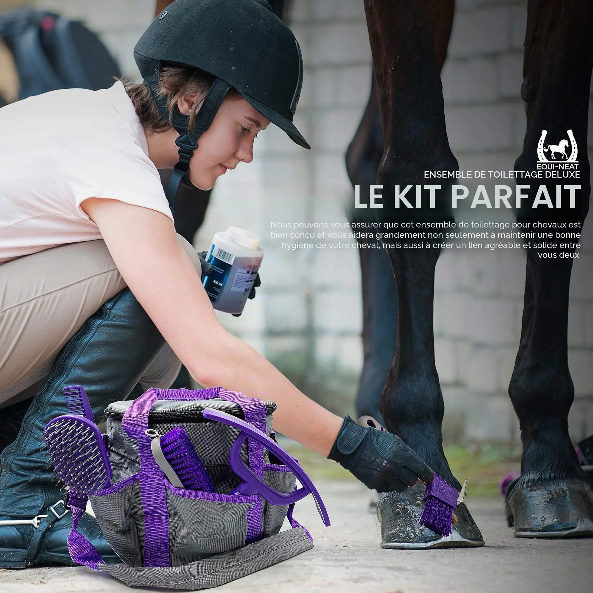 Kit toilettage équestre Equi-Neat 12 pièces brosse crin peigne curry cure-sabots