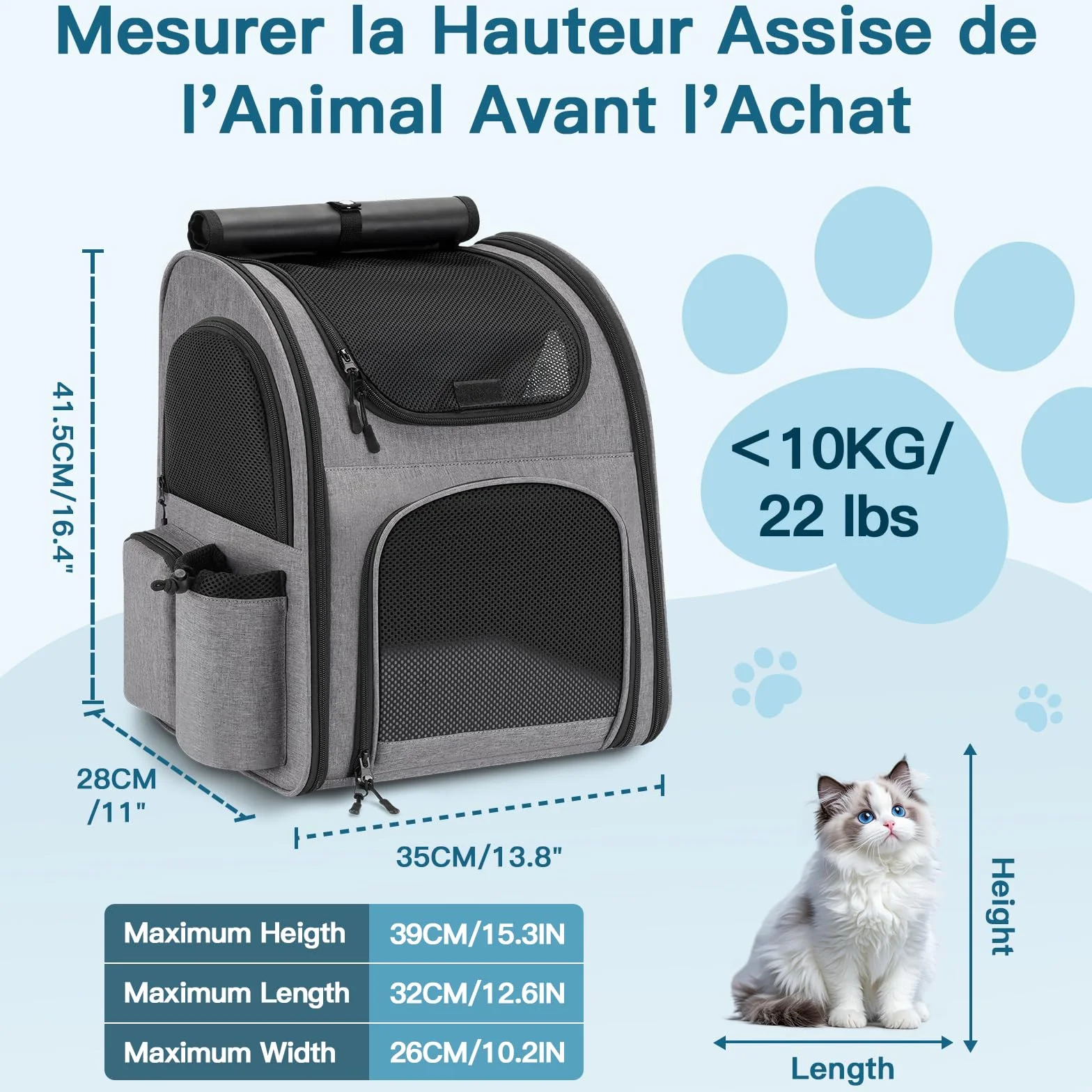 Sac à Dos Chat Chien 10kg Transport avec Fenêtre en Maille, Laisse et Tapis Intégrés Gris