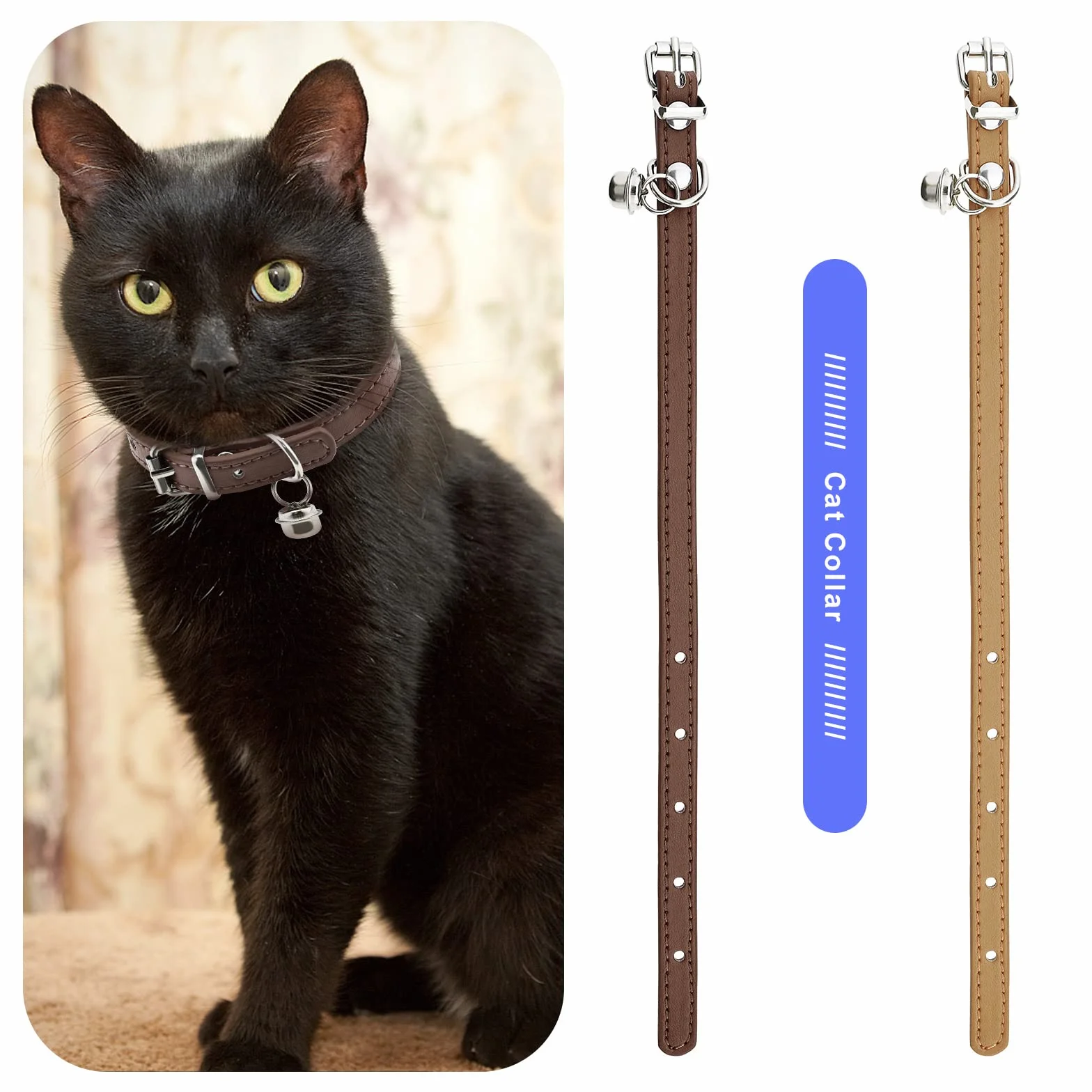 ECSiNG Collier Chat Cloche Cuir PU 15-23cm Réglable 1cm Café Kaki