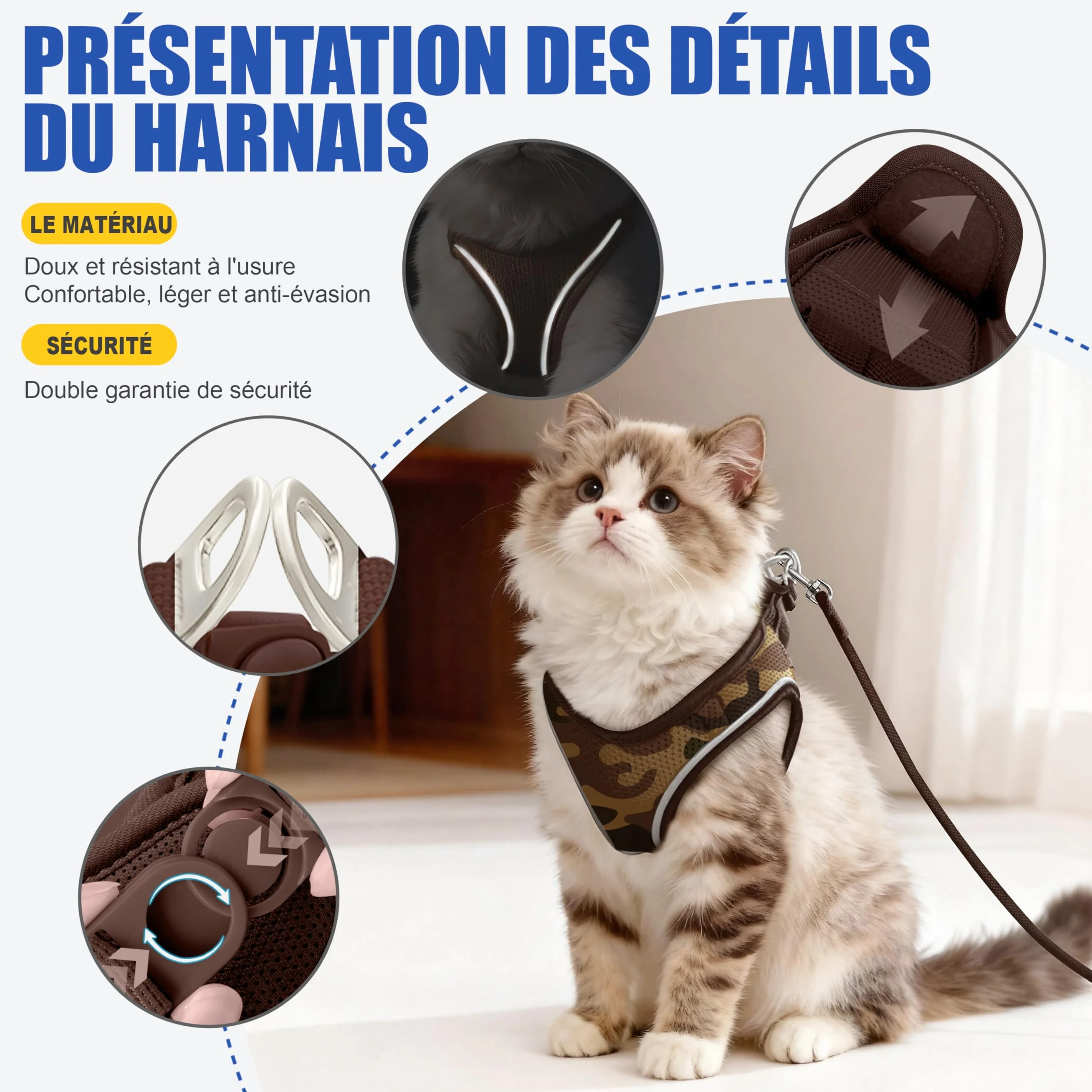 Harnais Chat Petit Chien Laisse 255cm XXS Anti-Fuite Maille Air Mesh Camouflage