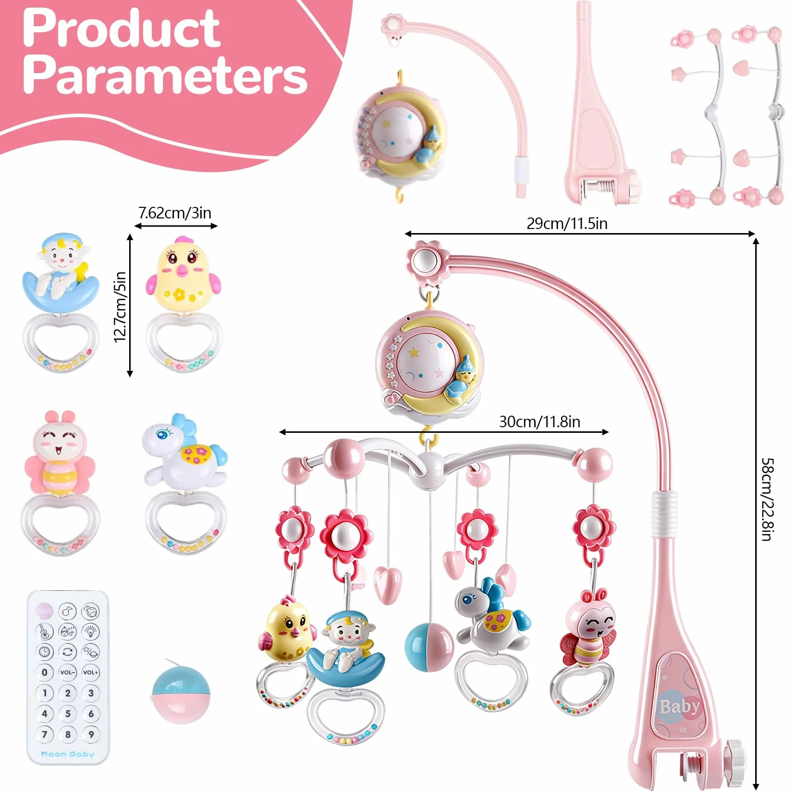 Mobile Musical Lit Bébé avec Veilleuse et Projecteur, 150 Berceuses, Hochets Rotatifs, Boîte à Musique, Télécommande
