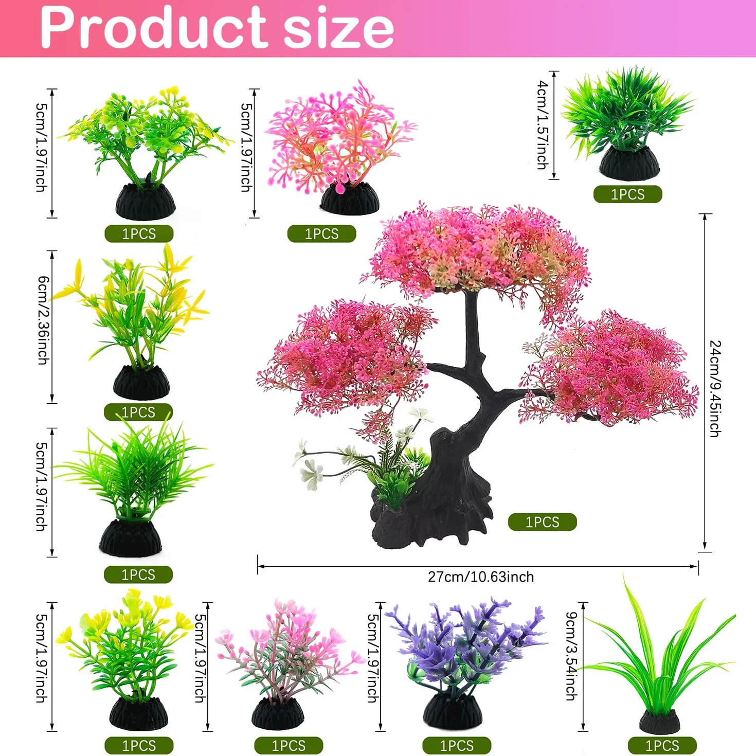 SLOCME Ensemble de décoration pour aquarium cerisier rose 10 pièces plantes artificielles plastique