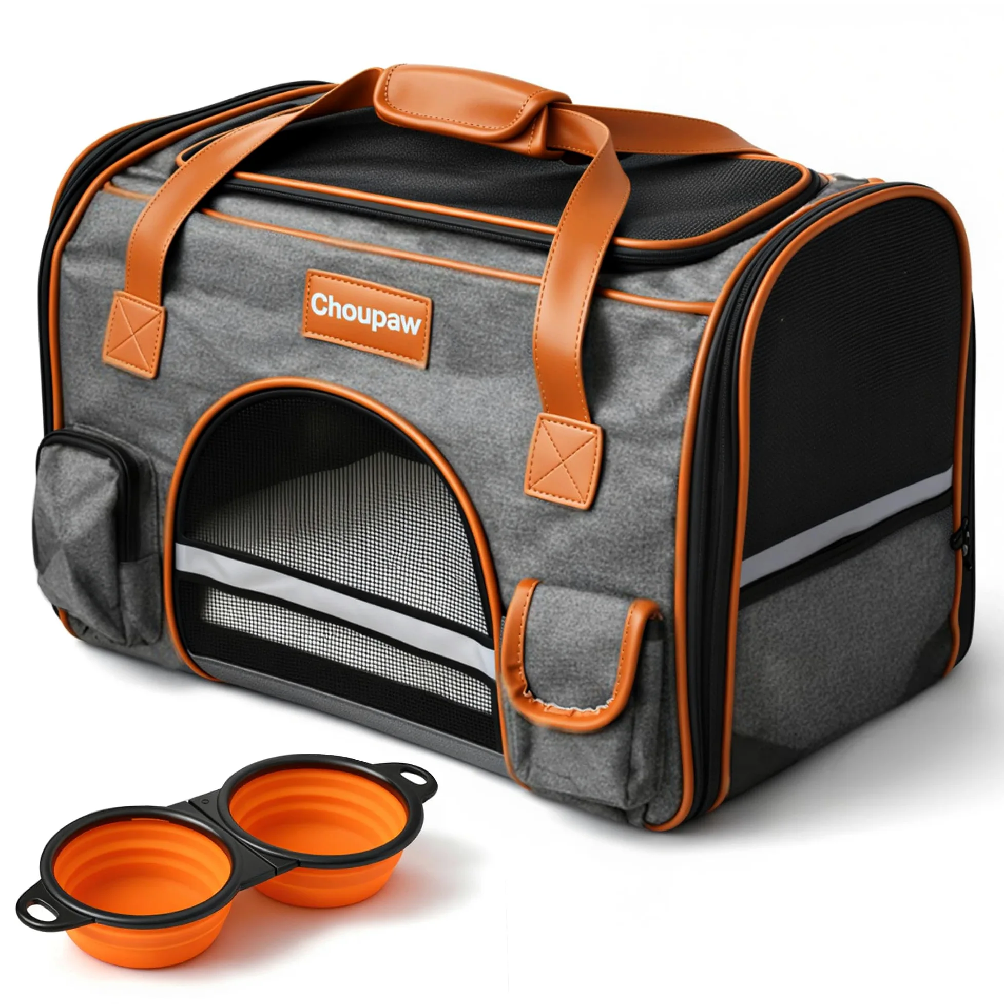 Choupaw Sac de Transport Chien et Chat 45 x 28 x 25 cm, Sac de Transport Cabine Avion Semi-Rigide avec Coussin Réversible Été/Hiver, Laisse Intérieure, Bandoulière Réglable et Bol Pliable Inclus