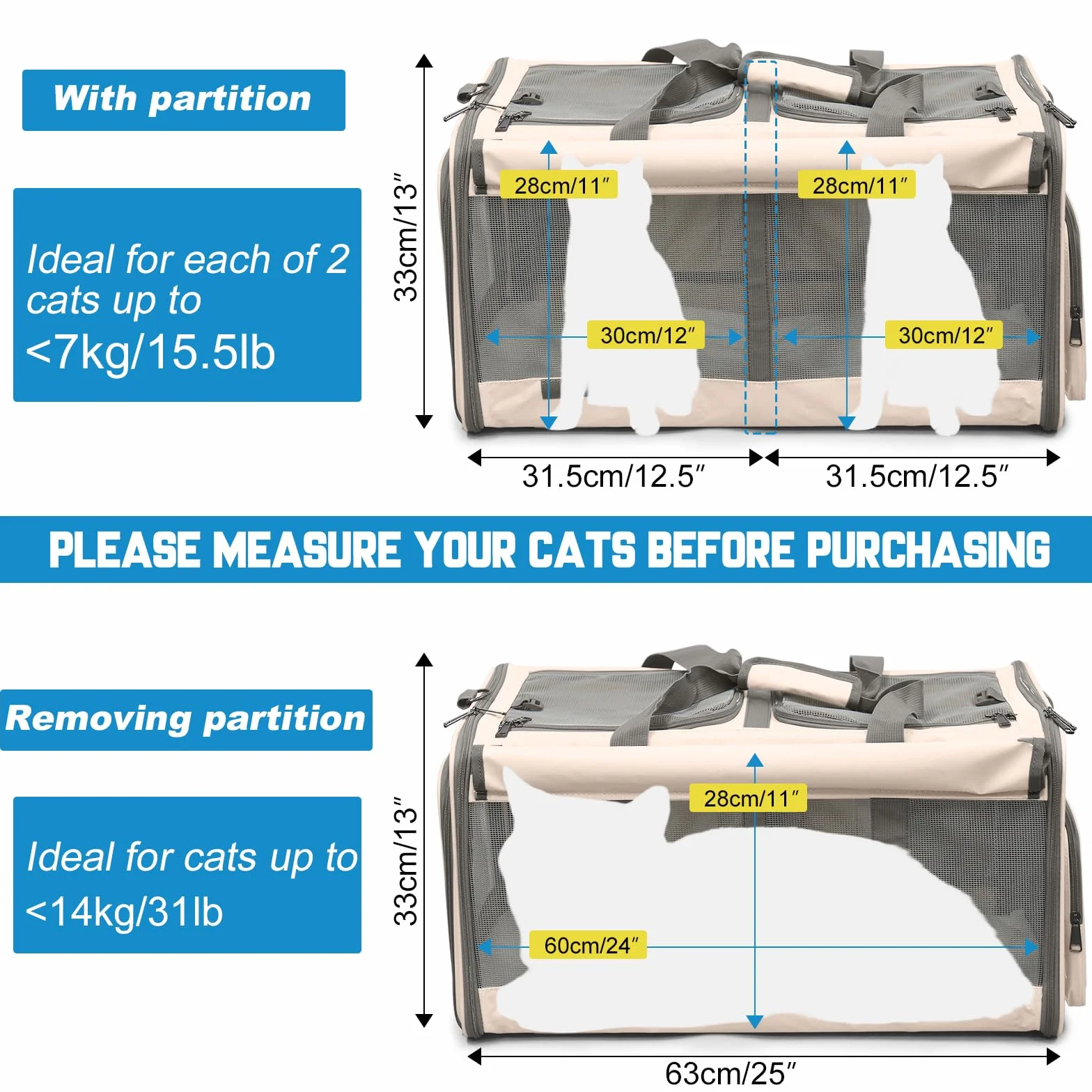 Grand sac de transport pour chats pliable sur roues 2-en-1 avec baguette magique
