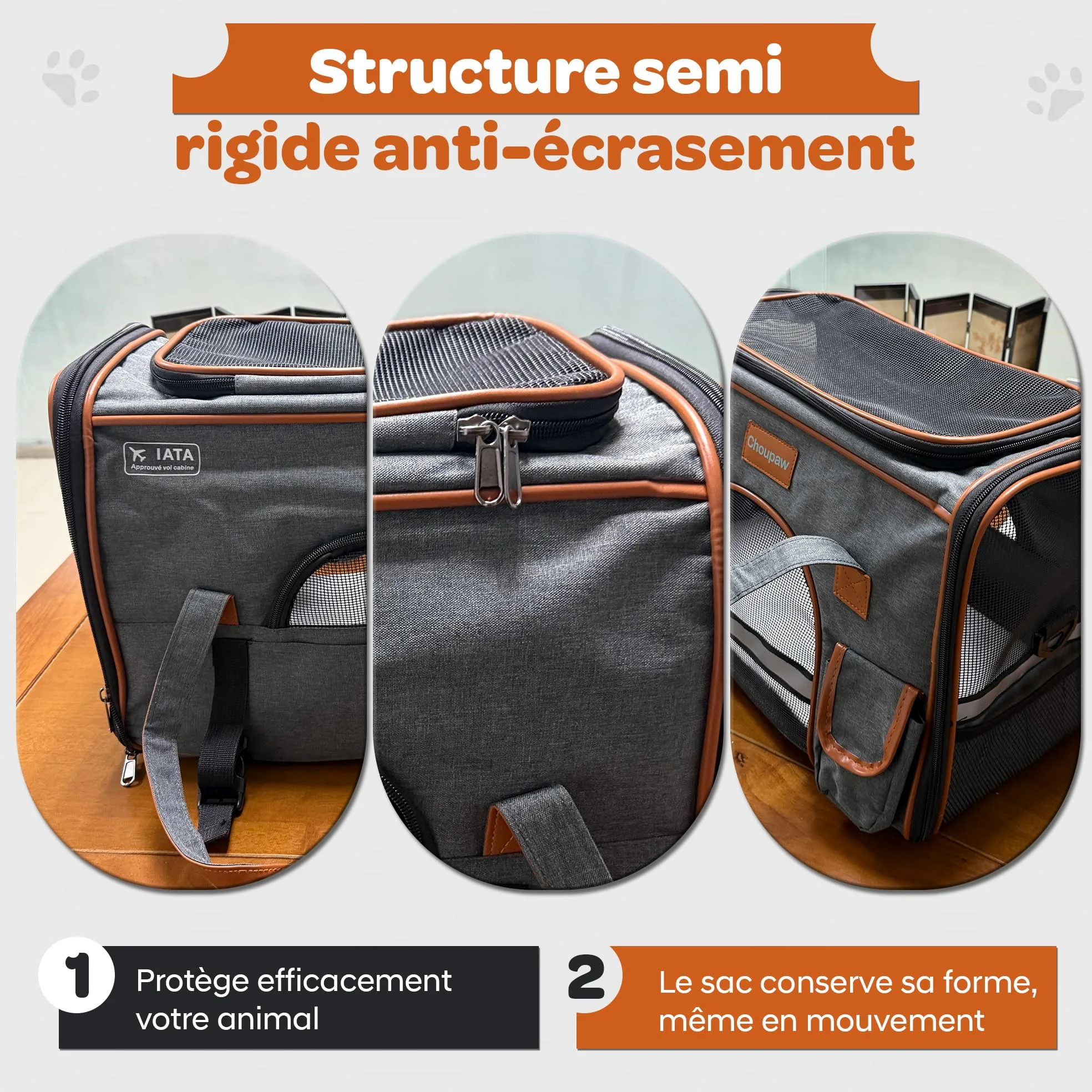 Choupaw Sac de Transport Chien et Chat 45 x 28 x 25 cm, Sac de Transport Cabine Avion Semi-Rigide avec Coussin Réversible Été/Hiver, Laisse Intérieure, Bandoulière Réglable et Bol Pliable Inclus