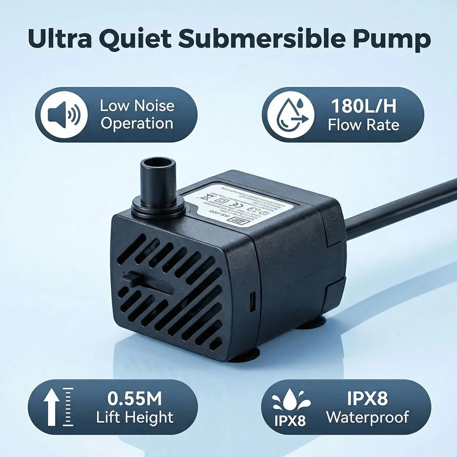 Pompe à Eau Silencieuse 350L/H 5W avec Débit Réglable pour Aquarium, Fontaine, Bassin