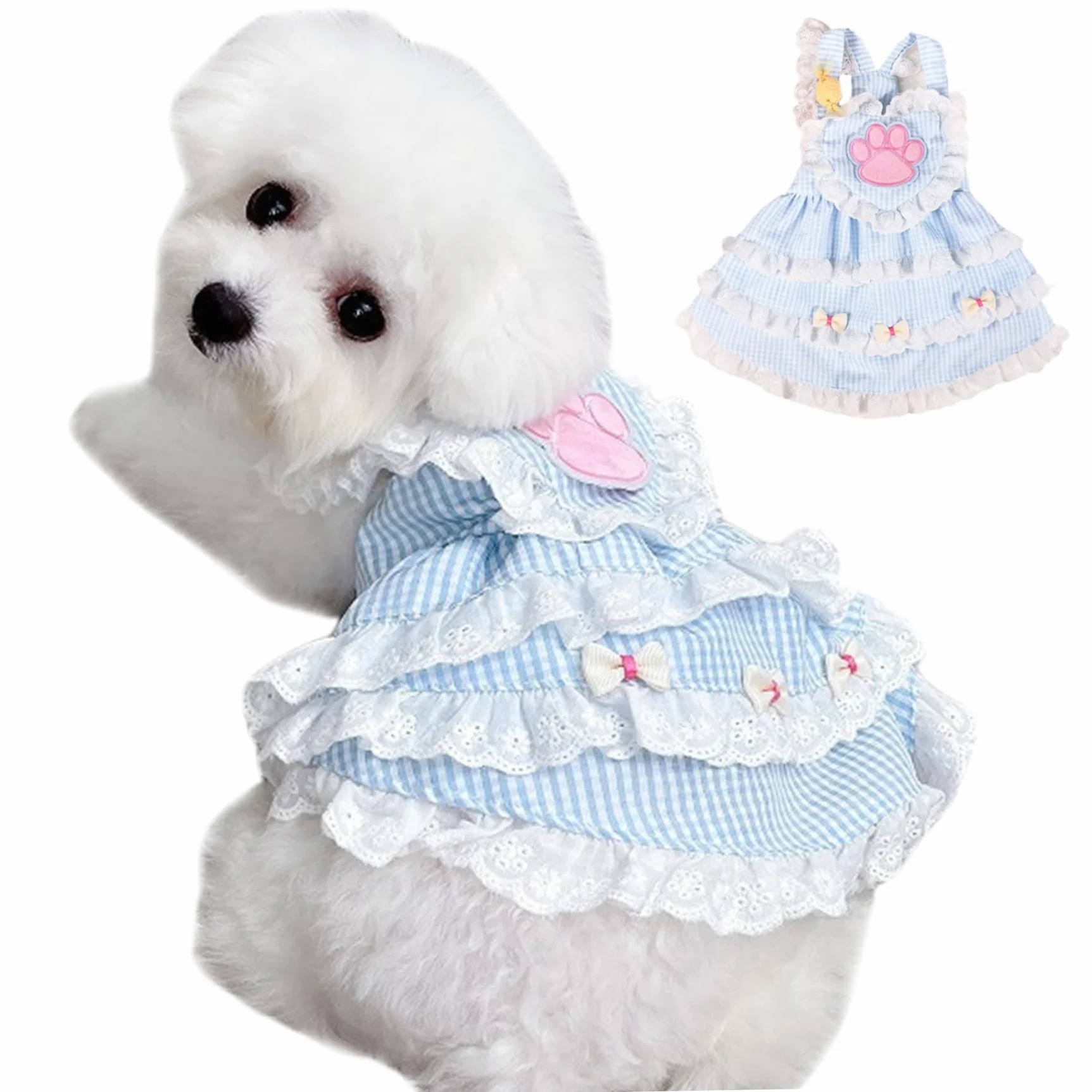 Robe de Princesse pour Chien avec Motif de Patte, Bordure en Dentelle, Jupe Douce