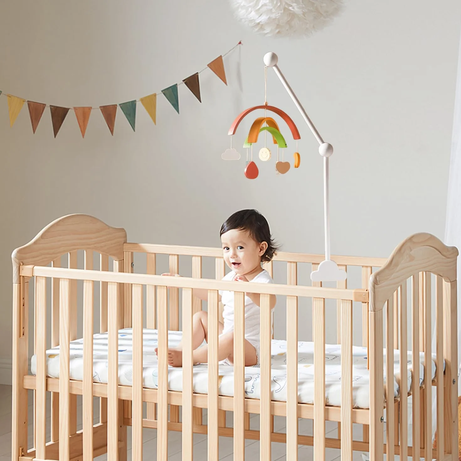 Support Mobile Bébé Réglable en Hauteur, Bras Rotatif, Base Nuage pour Berceaux et Tables à Langer