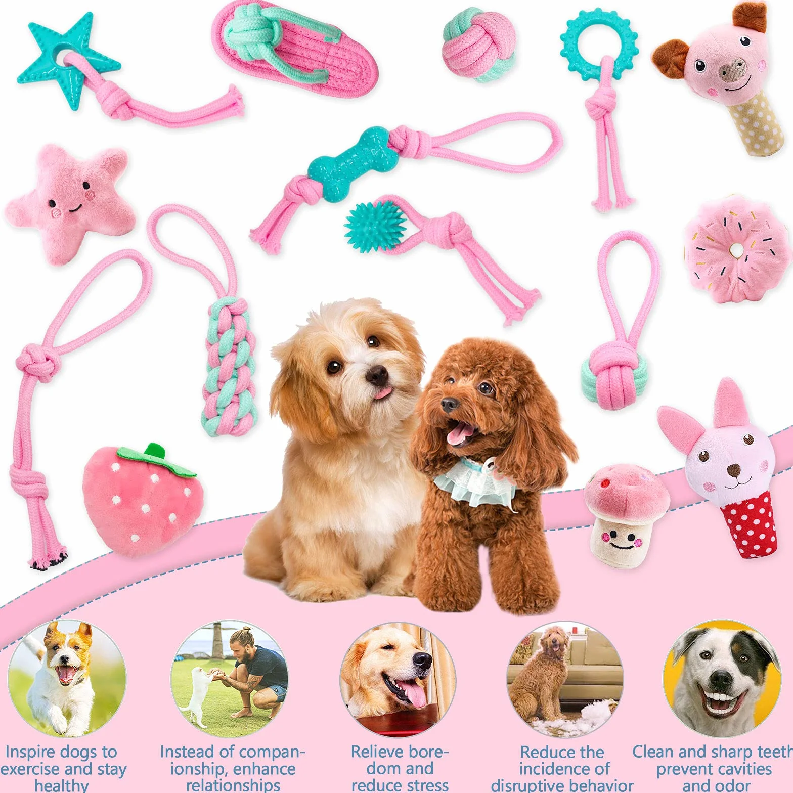 Jouets pour Chien durables Corde à Mâcher Indestructible Coton Naturel Non Toxique pour Petit et Moyen Chien (Rose)