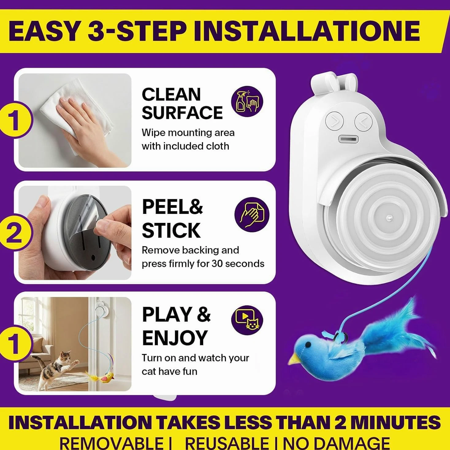 Jouets interactifs pour chats d'intérieur : plume d'oiseau volant automatique électrique et baguette de souris, jouet d'enrichissement électrique rechargeable pour chatons ennuyés et chats adultes