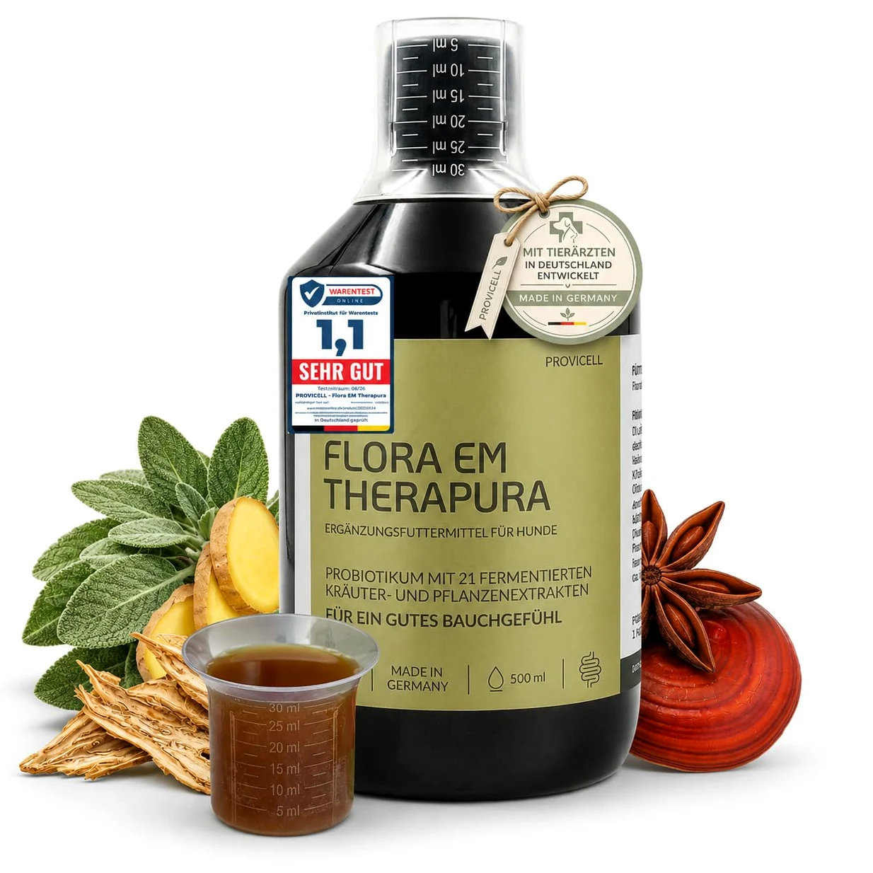 Flora EM Therapura Probiotique pour chien 500 ml liquide – Structure de la flore intestinale avec 21 herbes fermentées, micro-organismes et extraits de plantes – Digestion naturelle du chien